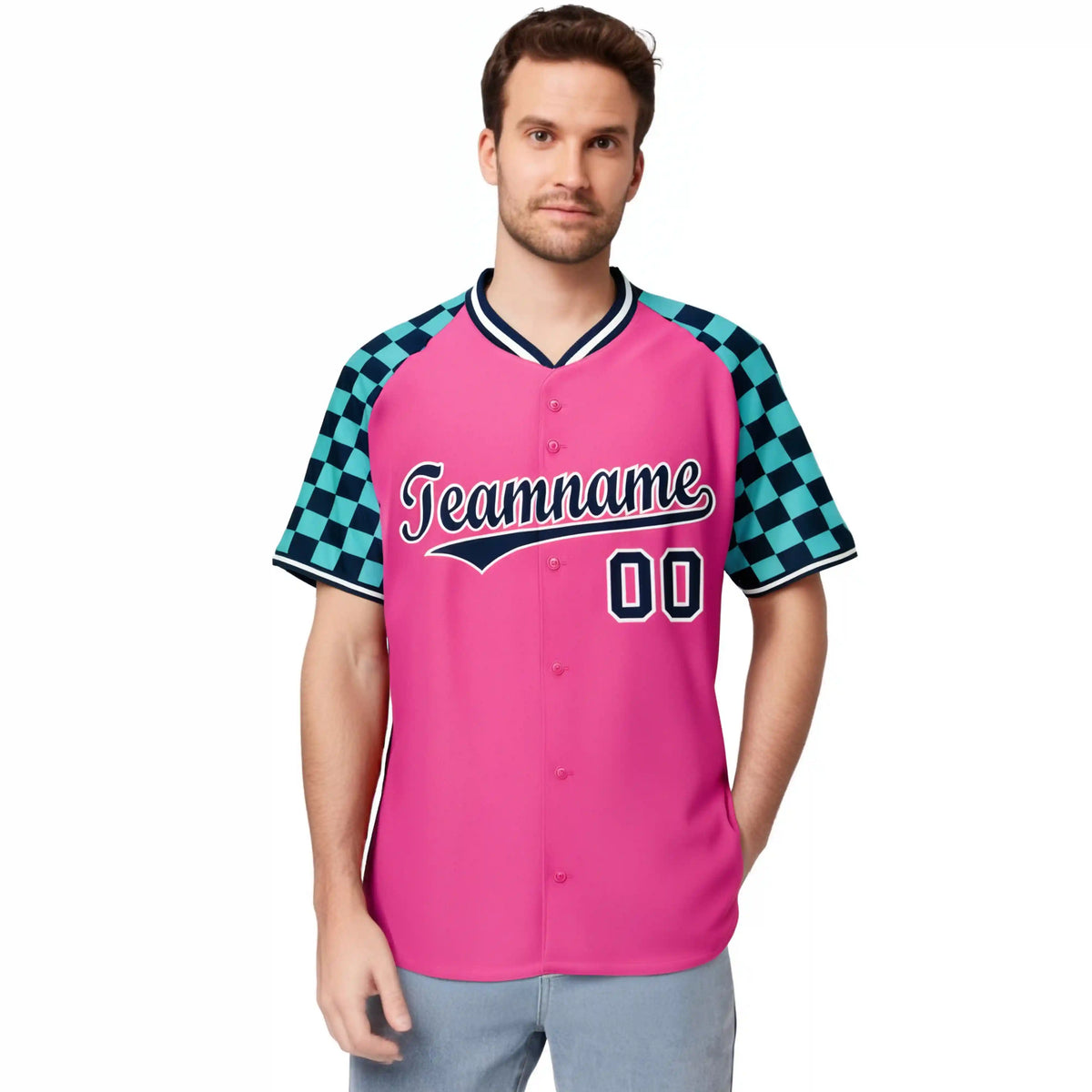 Custom Pink Navy-Bright Green Authentic Plaid Sleeve Baseball Jersey