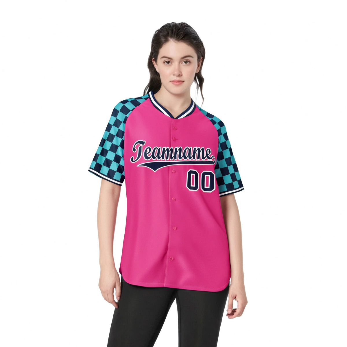 Custom Pink Navy-Bright Green Authentic Plaid Sleeve Baseball Jersey