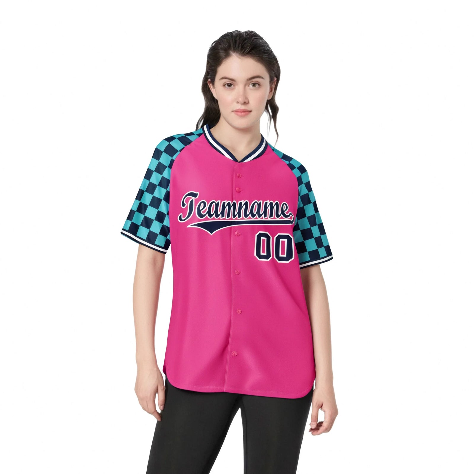 Custom Pink Navy-Bright Green Authentic Plaid Sleeve Baseball Jersey