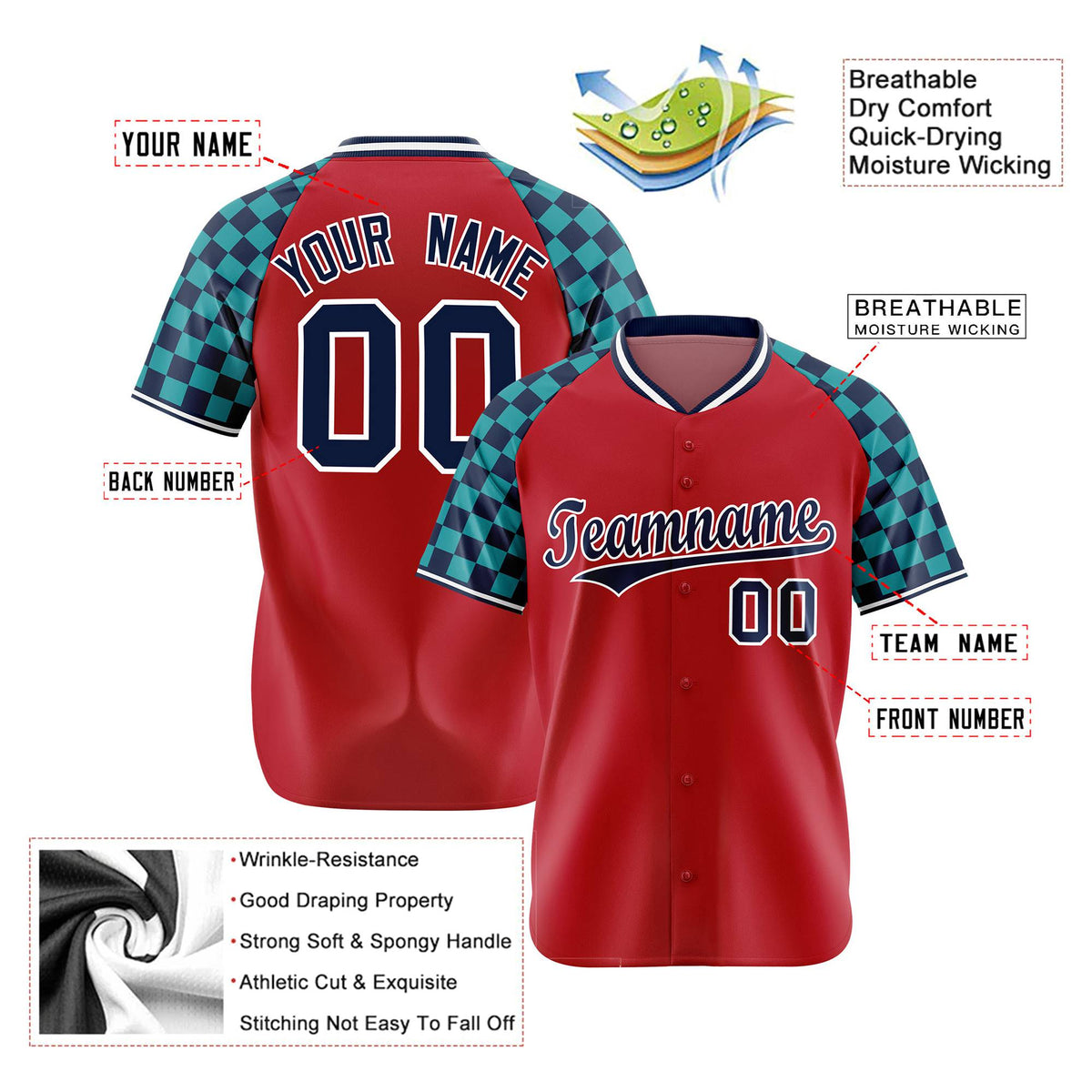Custom Red Navy-Aqua Authentic Plaid Sleeve Baseball Jersey