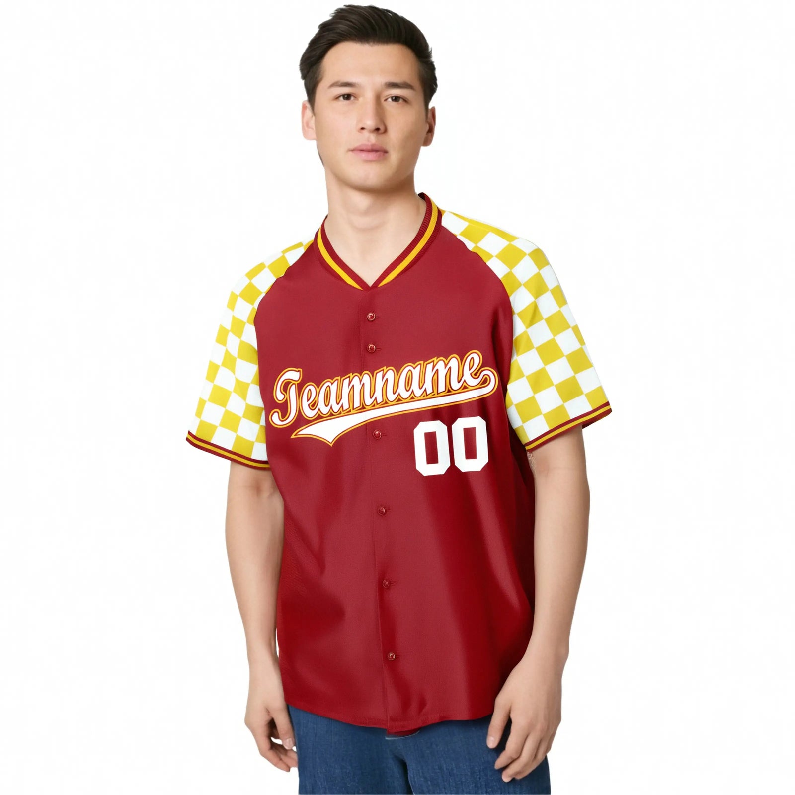 Custom Red White-Gold Authentic Plaid Sleeve Baseball Jersey