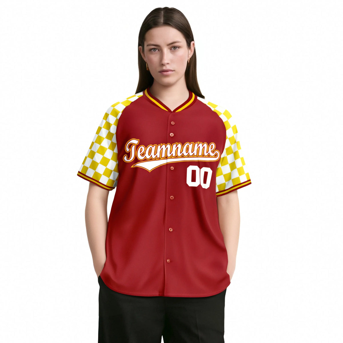 Custom Red White-Gold Authentic Plaid Sleeve Baseball Jersey