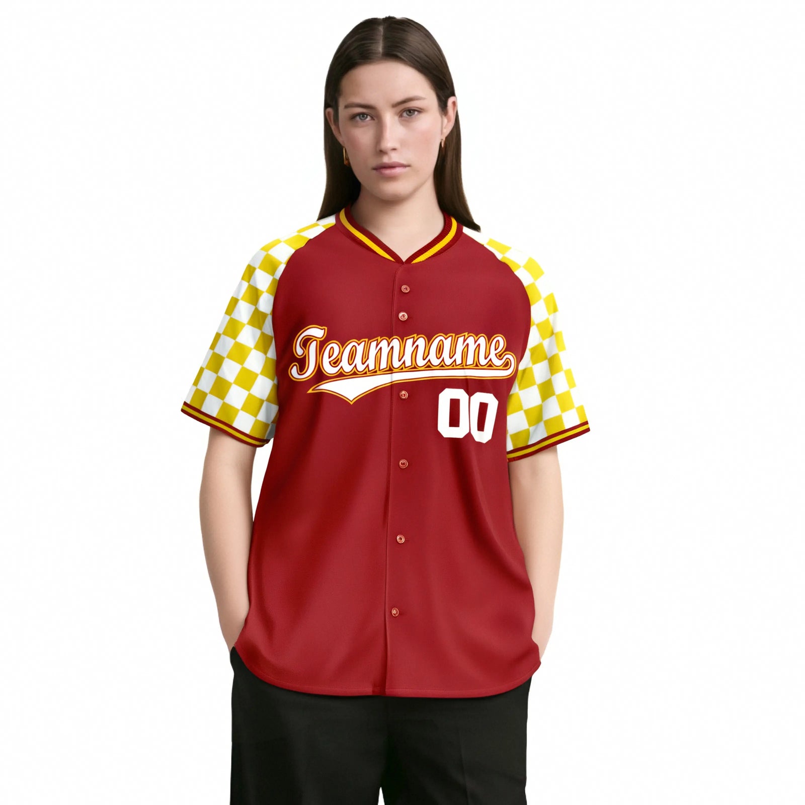Custom Red White-Gold Authentic Plaid Sleeve Baseball Jersey