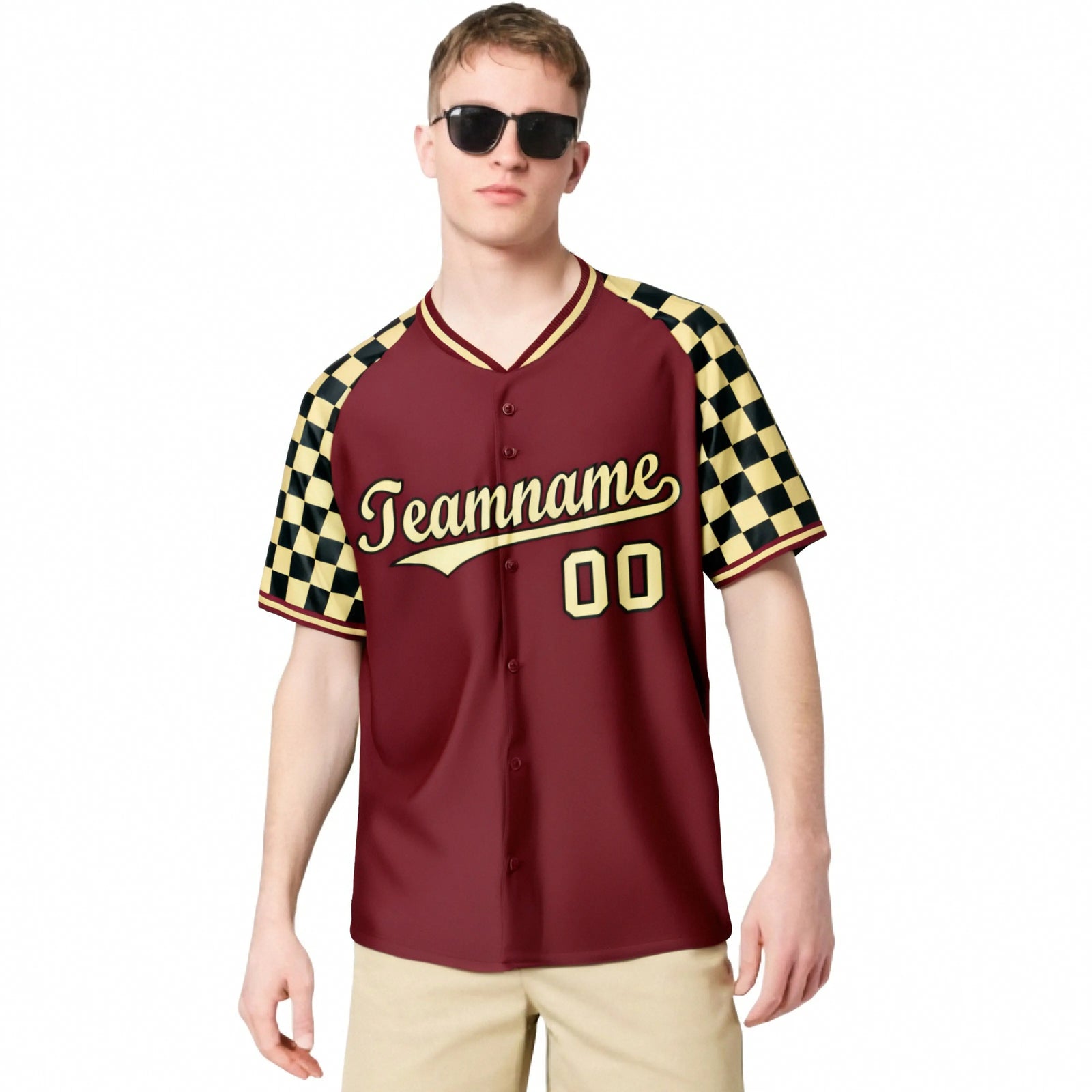 Custom Crimson Khaki-Black Authentic Plaid Sleeve Baseball Jersey