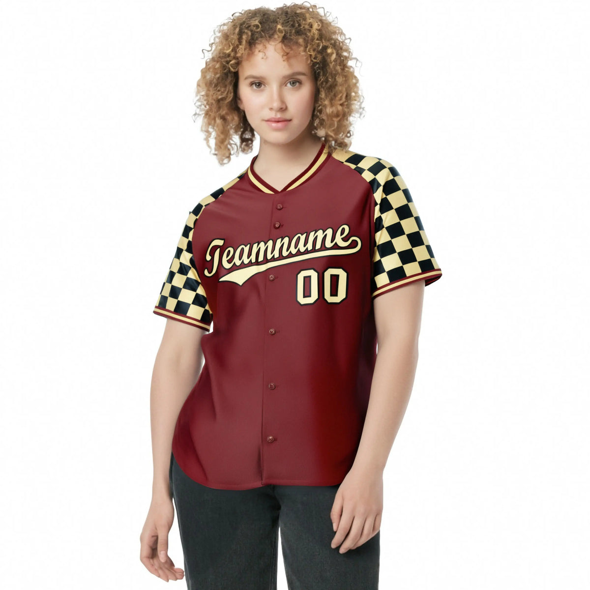 Custom Crimson Khaki-Black Authentic Plaid Sleeve Baseball Jersey