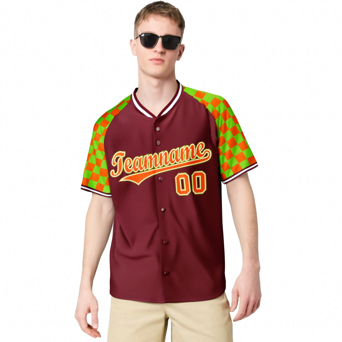 Custom Crimson Orange-Neon Green Authentic Plaid Sleeve Baseball Jersey