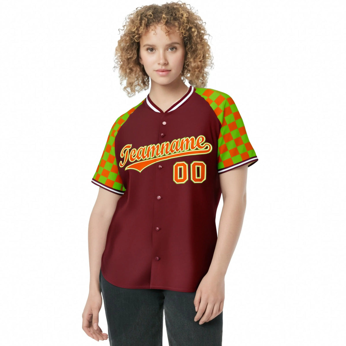Custom Crimson Orange-Neon Green Authentic Plaid Sleeve Baseball Jersey