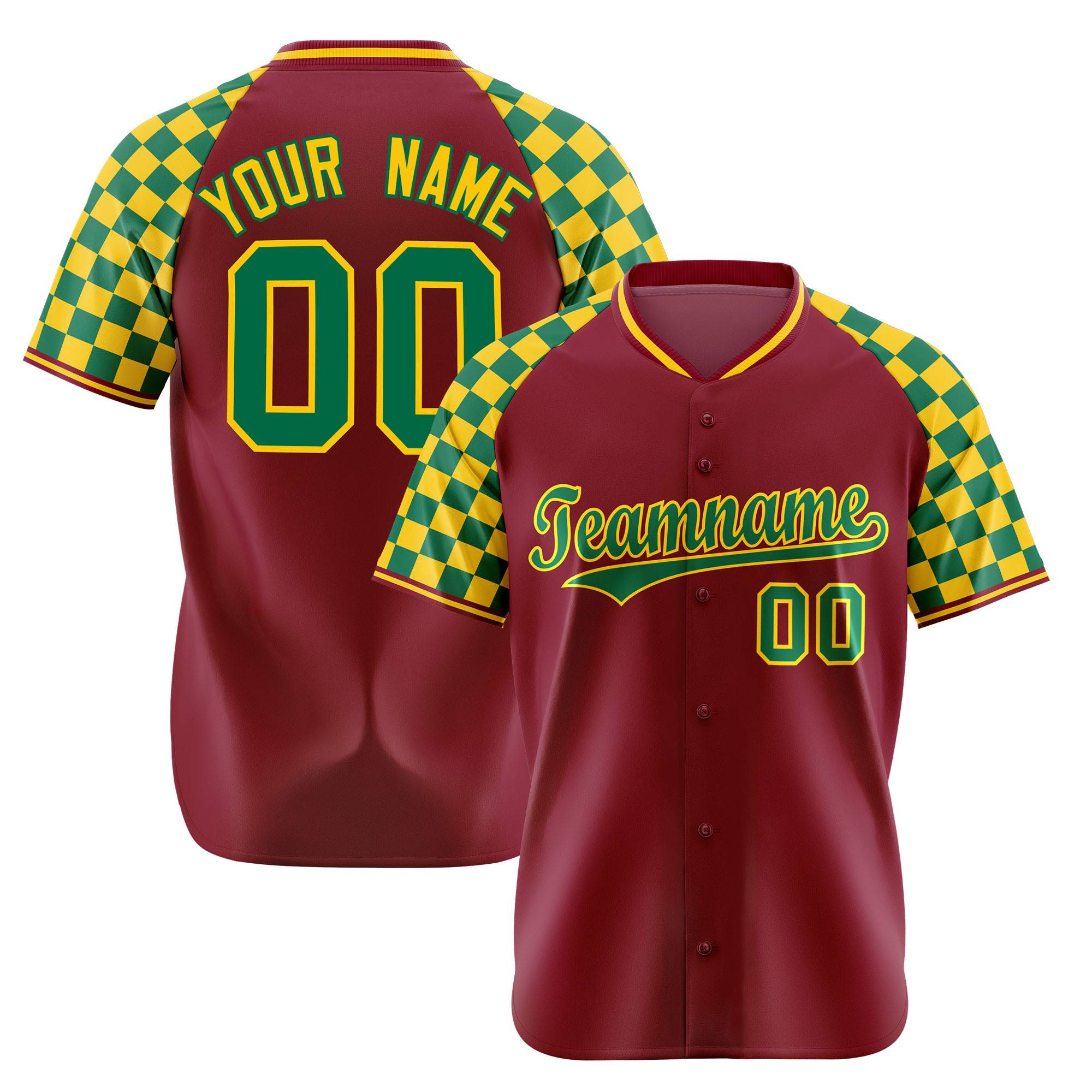 Custom Crimson Kelly Green-Gold Authentic Plaid Sleeve Baseball Jersey