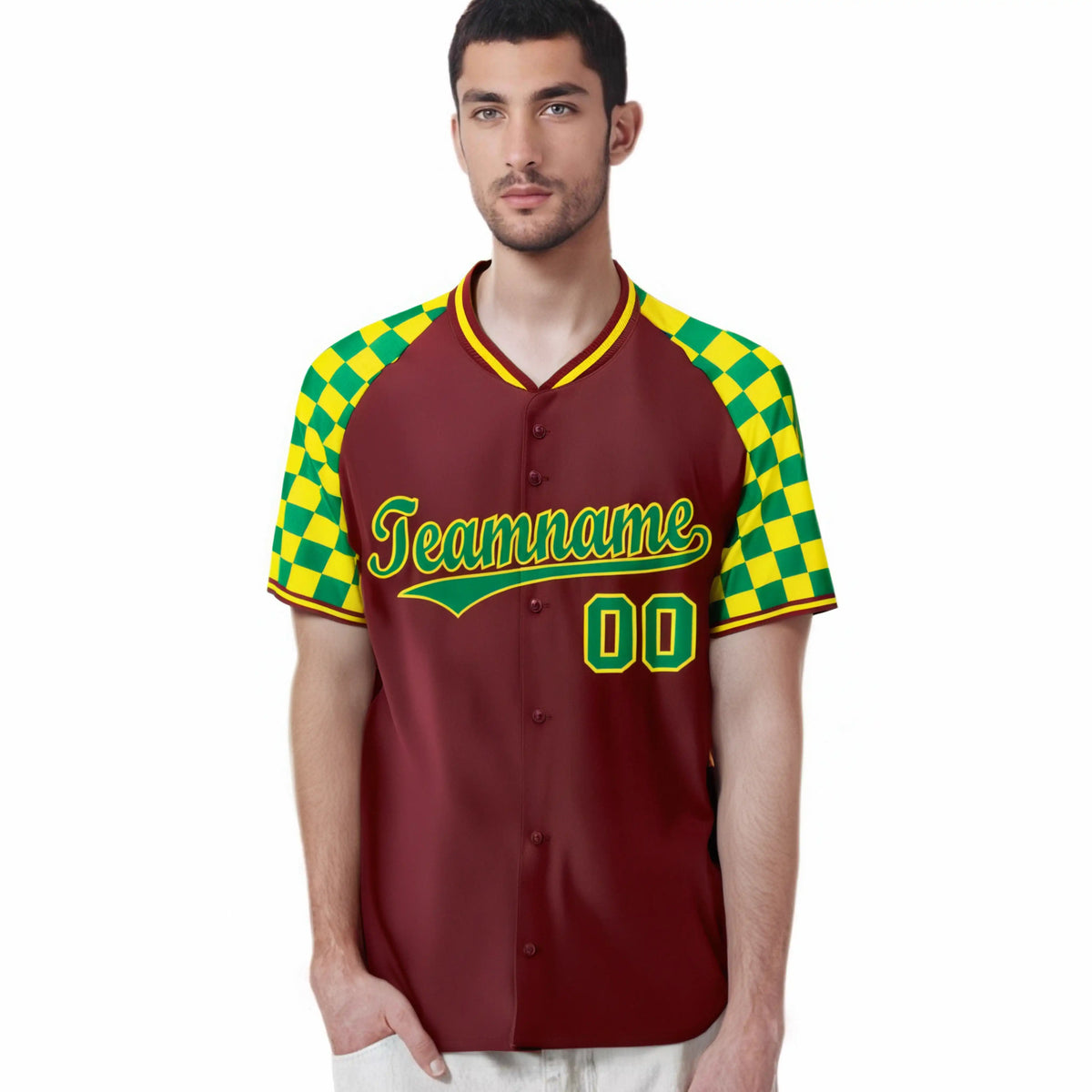 Custom Crimson Kelly Green-Gold Authentic Plaid Sleeve Baseball Jersey