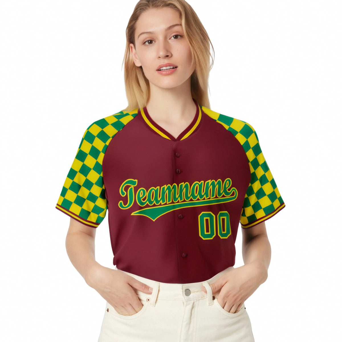 Custom Crimson Kelly Green-Gold Authentic Plaid Sleeve Baseball Jersey