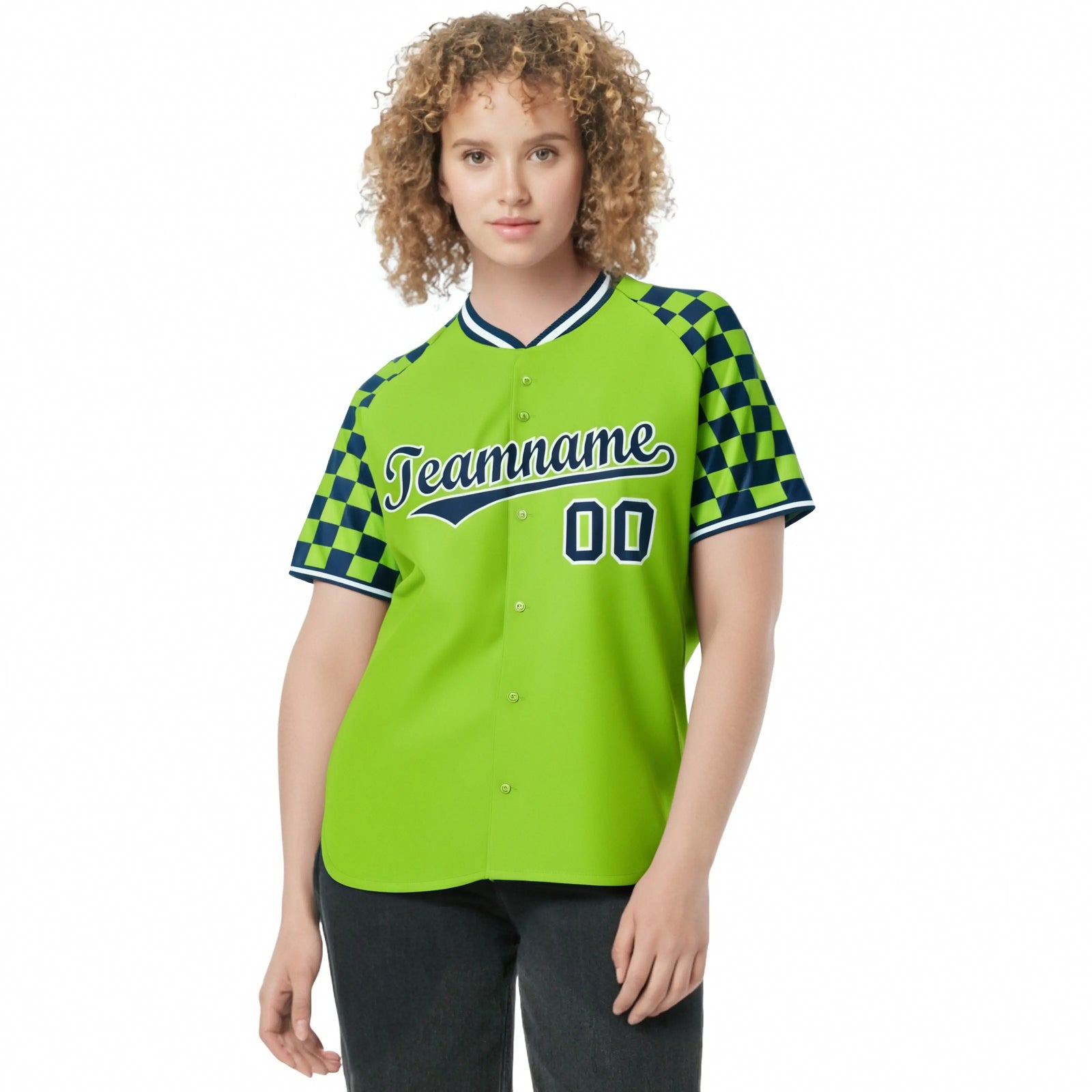 Custom Neon Green Navy-White Authentic Plaid Sleeve Baseball Jersey
