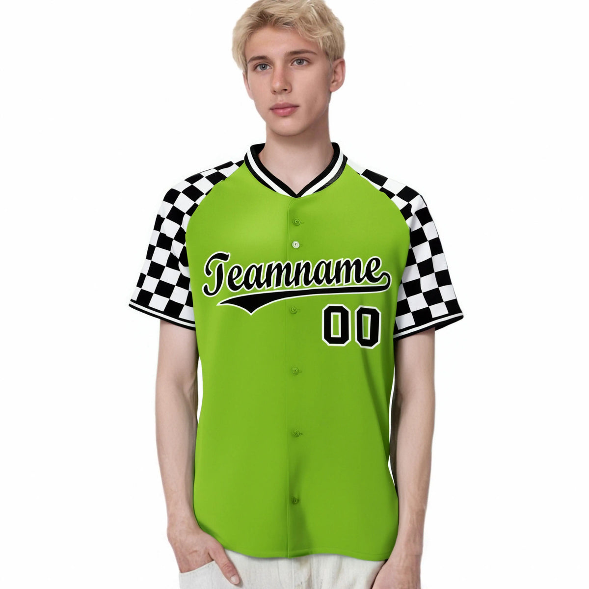Custom Neon Green Black-White Authentic Plaid Sleeve Baseball Jersey