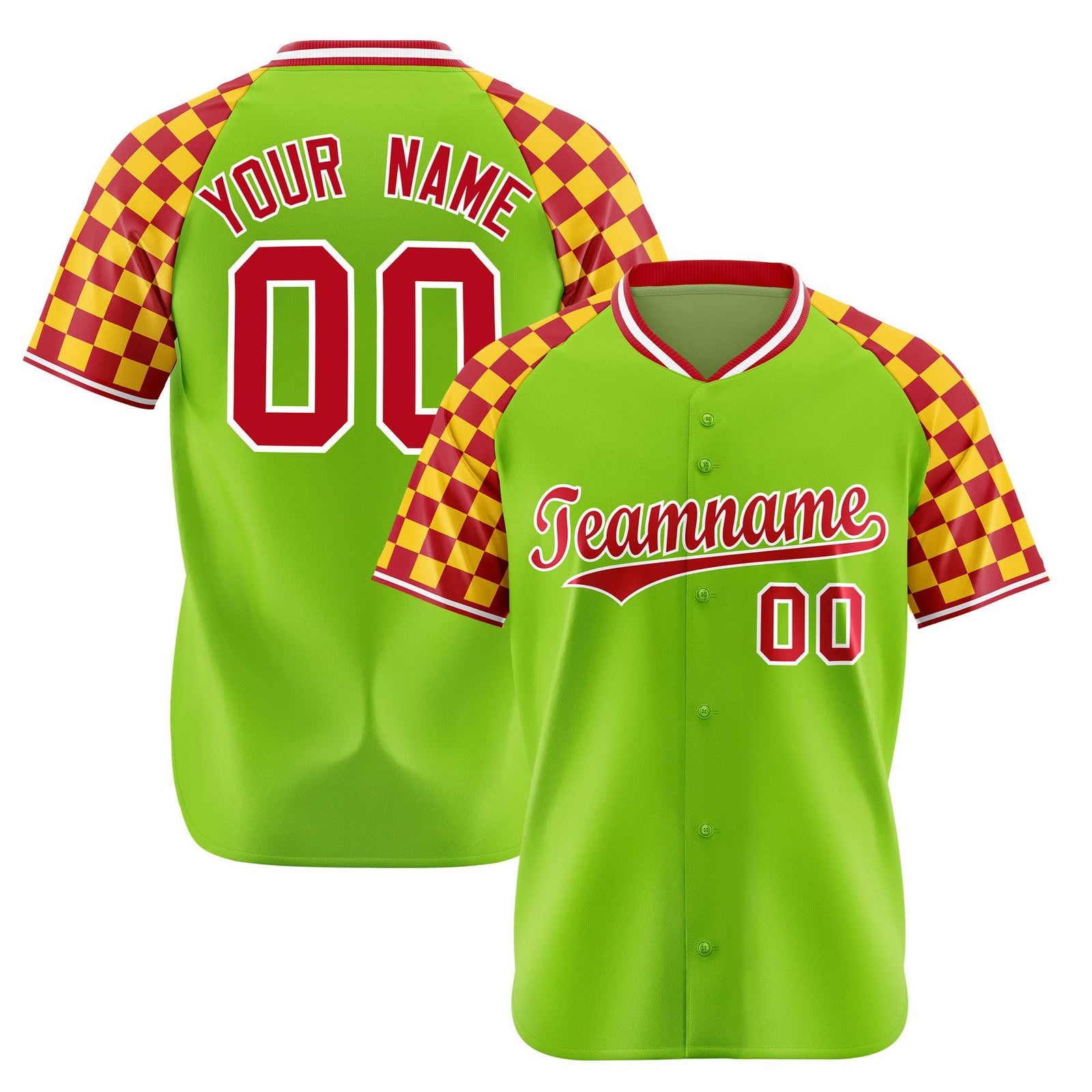 Custom Neon Green Red-Gold Authentic Plaid Sleeve Baseball Jersey
