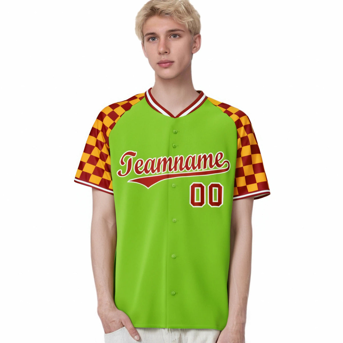 Custom Neon Green Red-Gold Authentic Plaid Sleeve Baseball Jersey