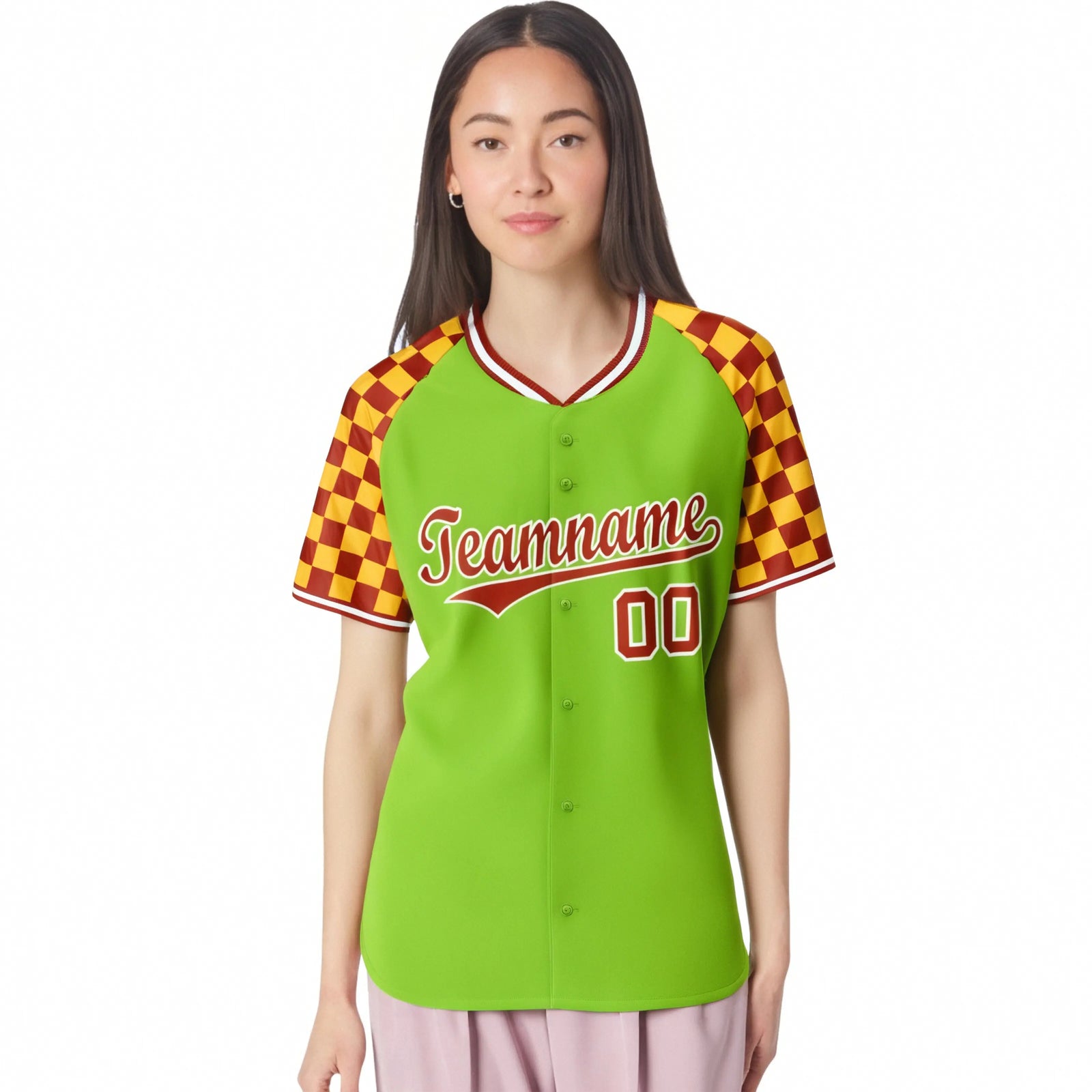 Custom Neon Green Red-Gold Authentic Plaid Sleeve Baseball Jersey
