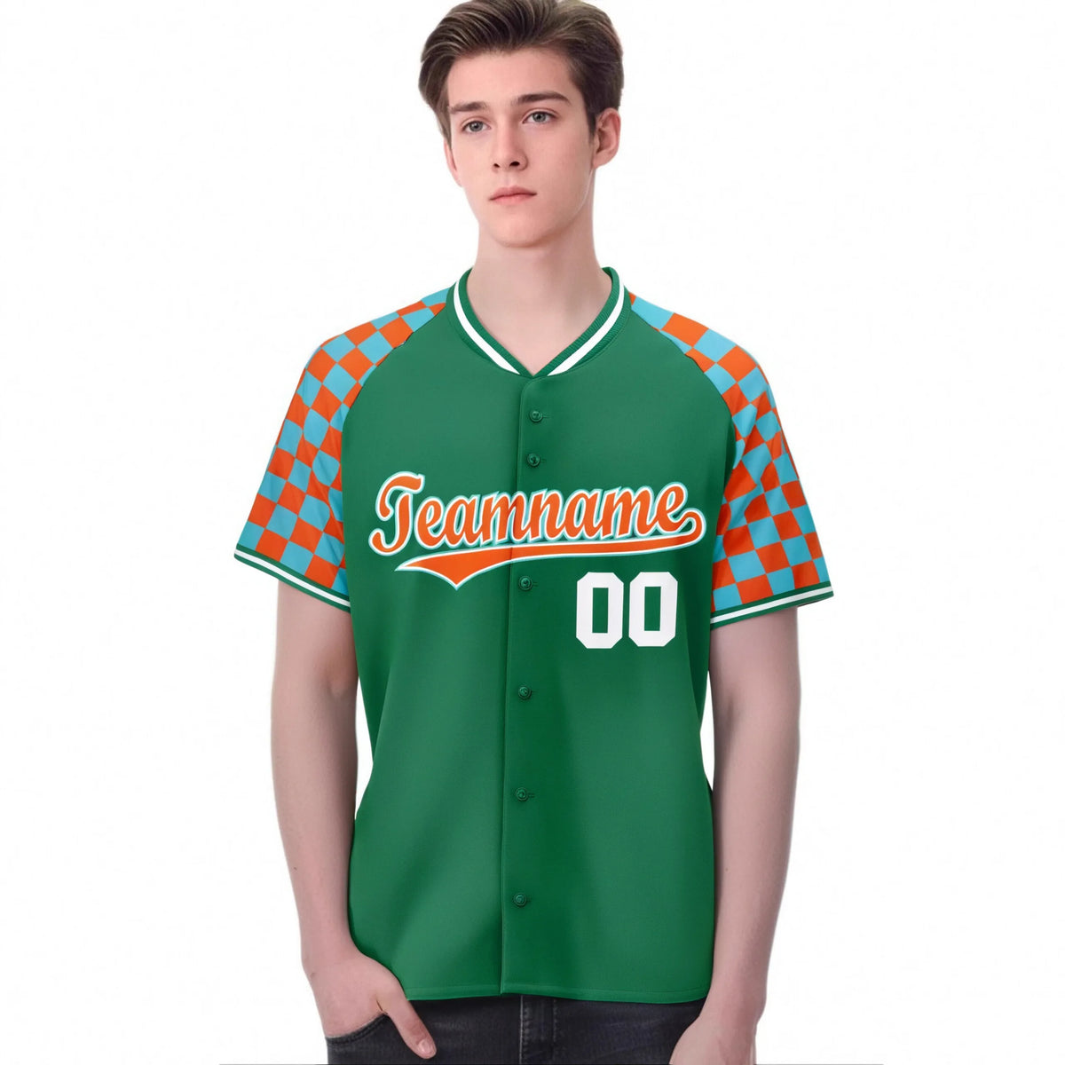 Custom Kelly Green Orange-Bright Green Authentic Plaid Sleeve Baseball Jersey