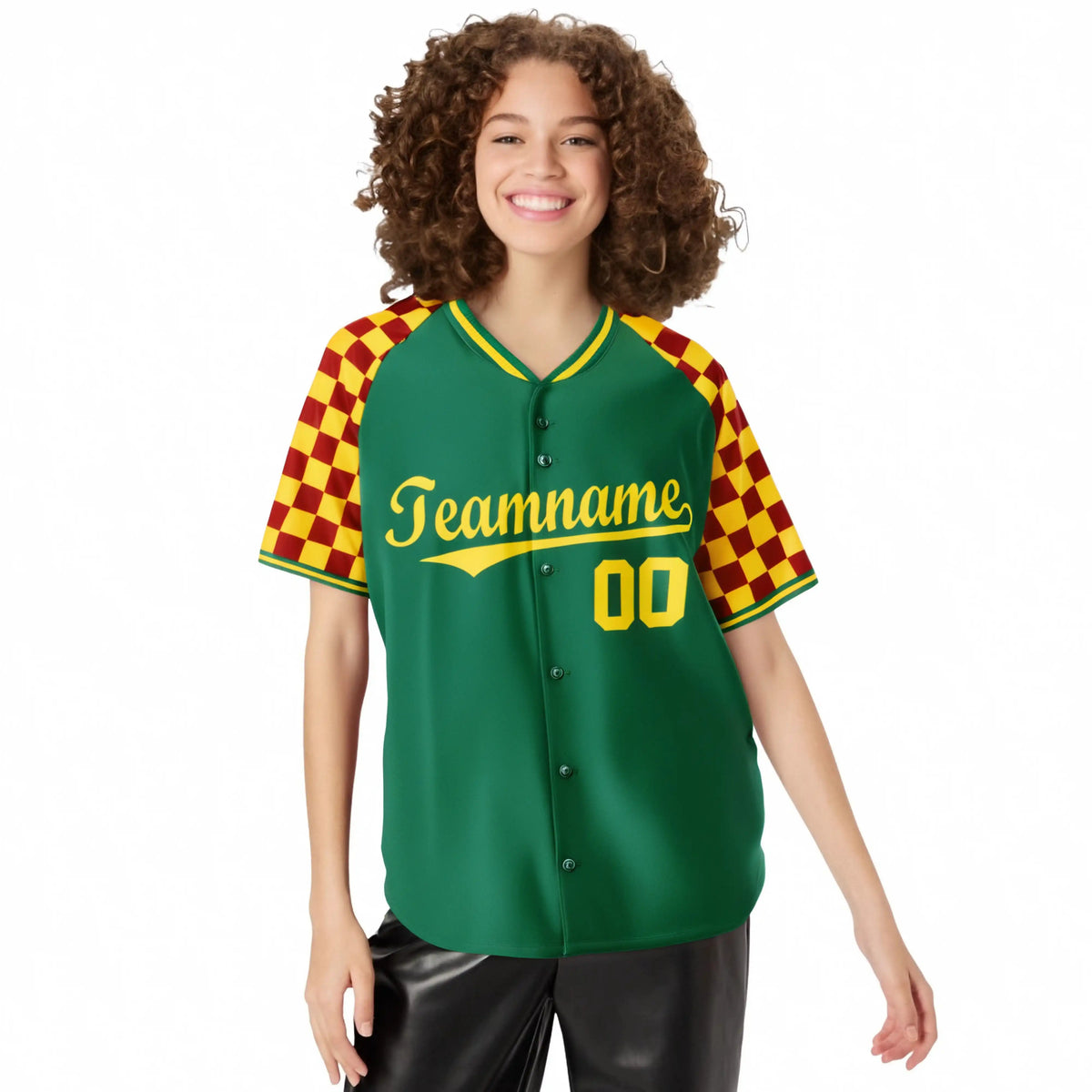 Custom Kelly Green Gold-Red Authentic Plaid Sleeve Baseball Jersey