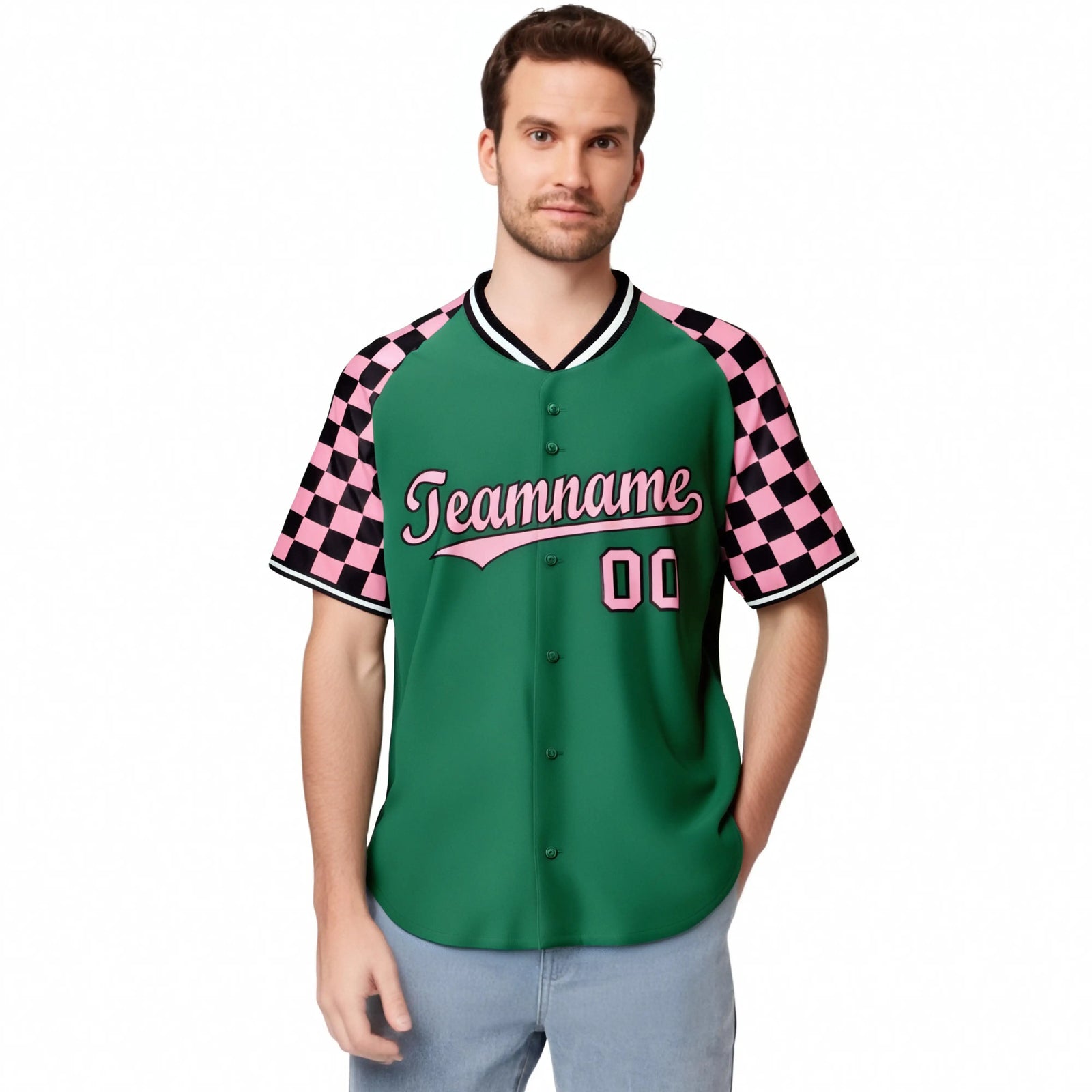 Custom Kelly Green-Light Pink Black Authentic Plaid sleeve Baseball Jersey