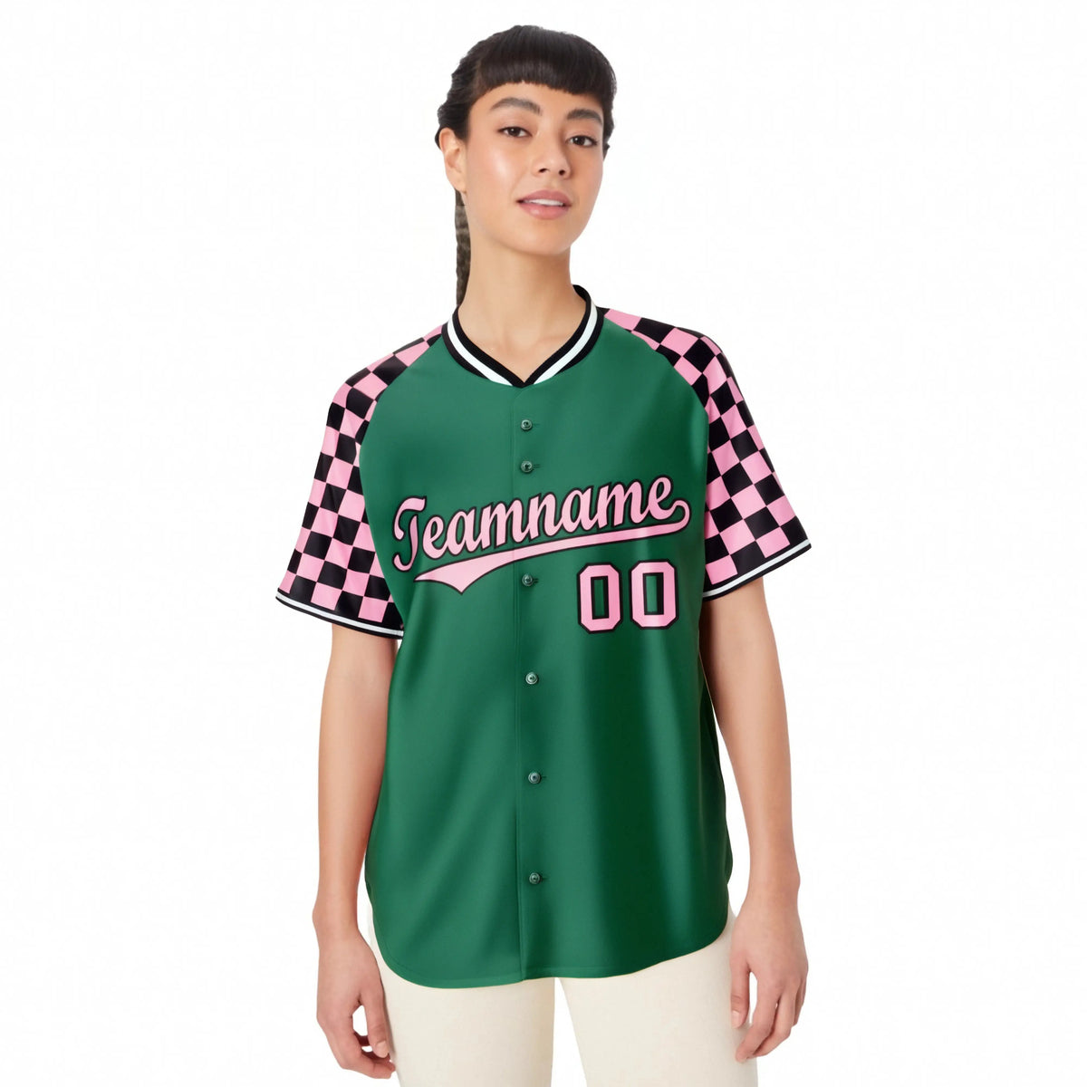 Custom Kelly Green-Light Pink Black Authentic Plaid sleeve Baseball Jersey