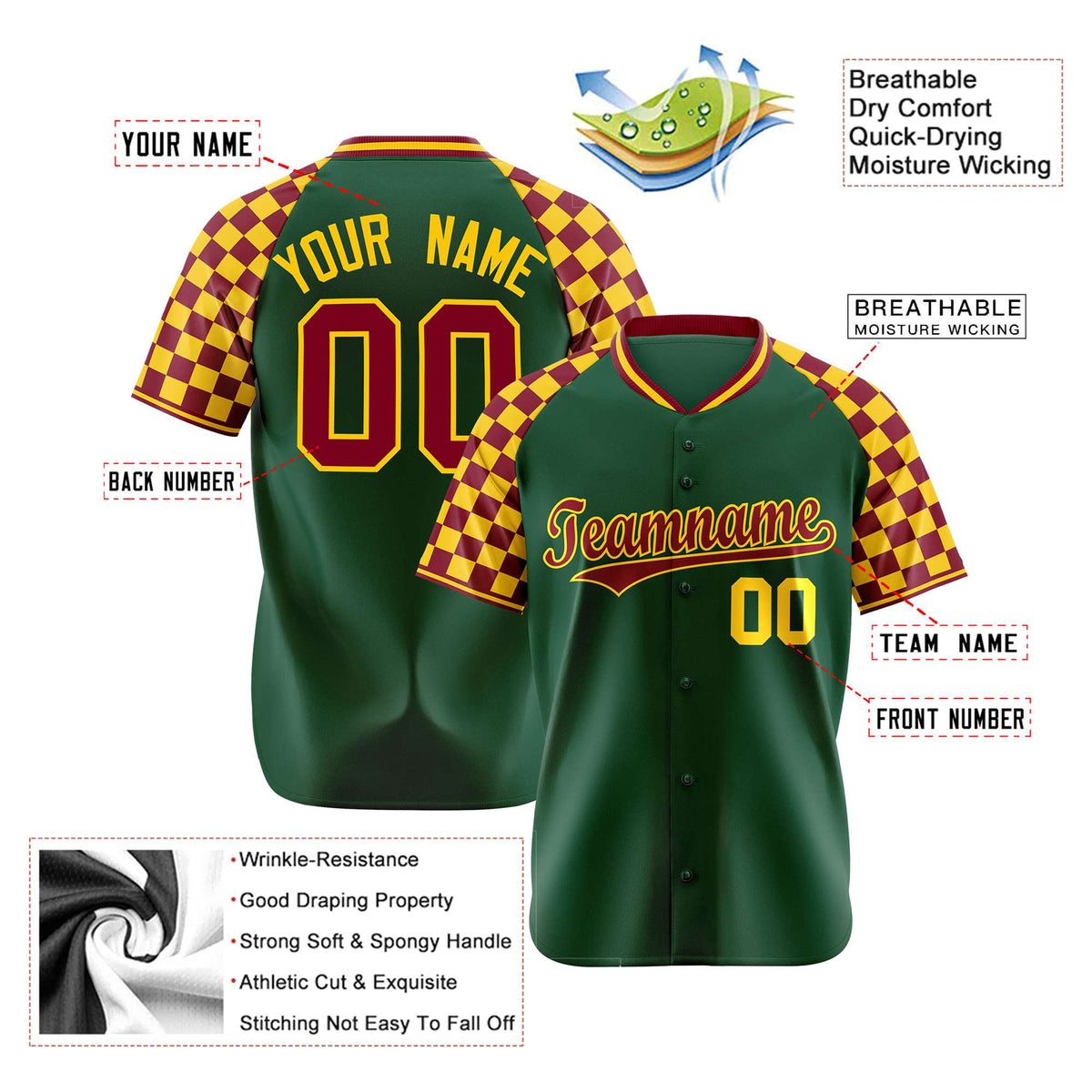 Custom Green Crimson-Gold Authentic Plaid Sleeve Baseball Jersey