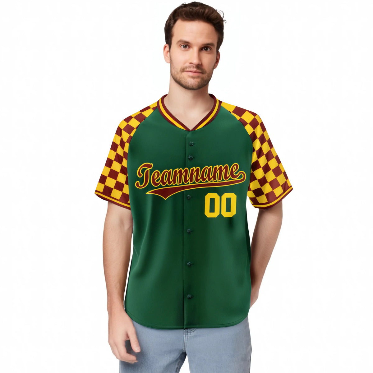 Custom Green Crimson-Gold Authentic Plaid Sleeve Baseball Jersey