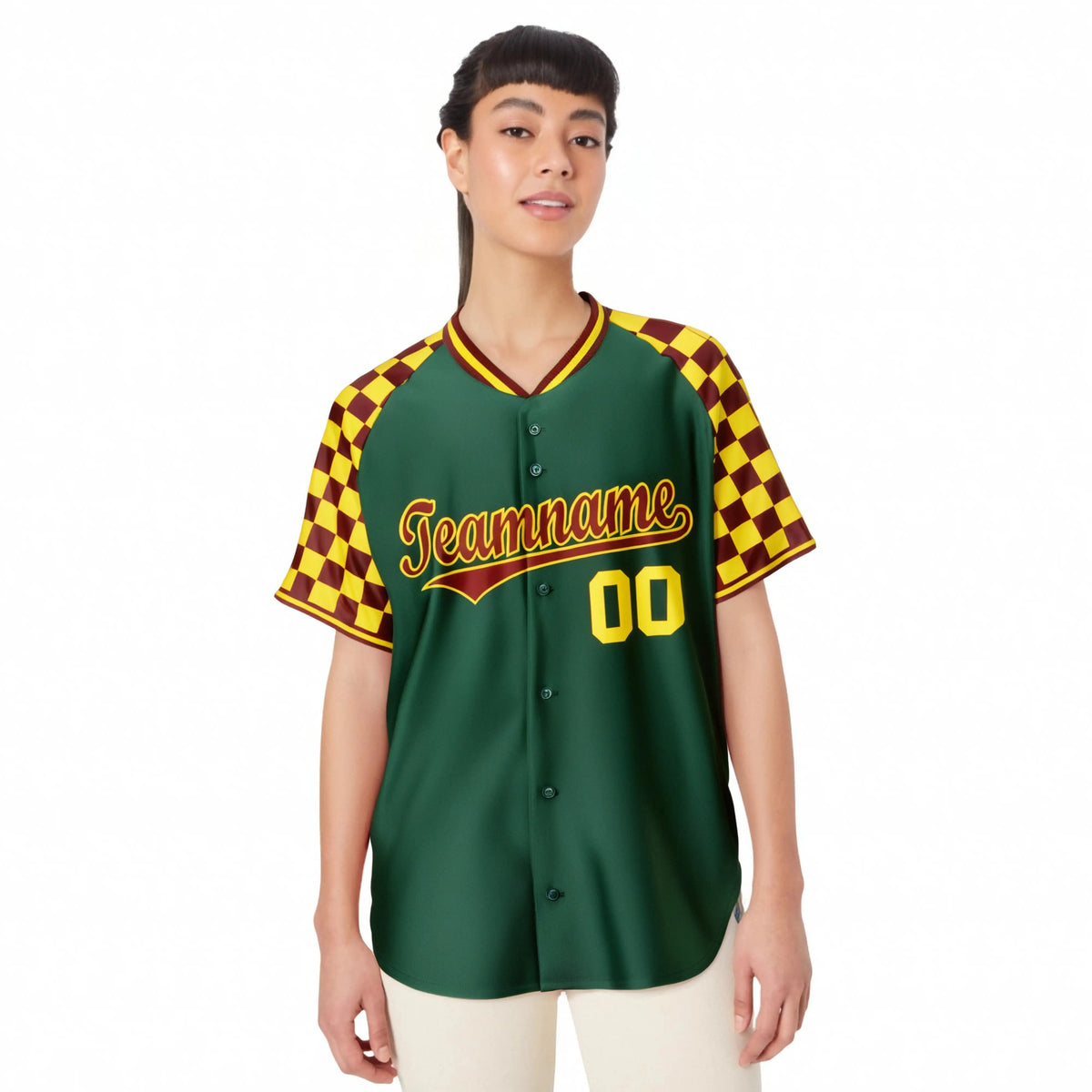 Custom Green Crimson-Gold Authentic Plaid Sleeve Baseball Jersey
