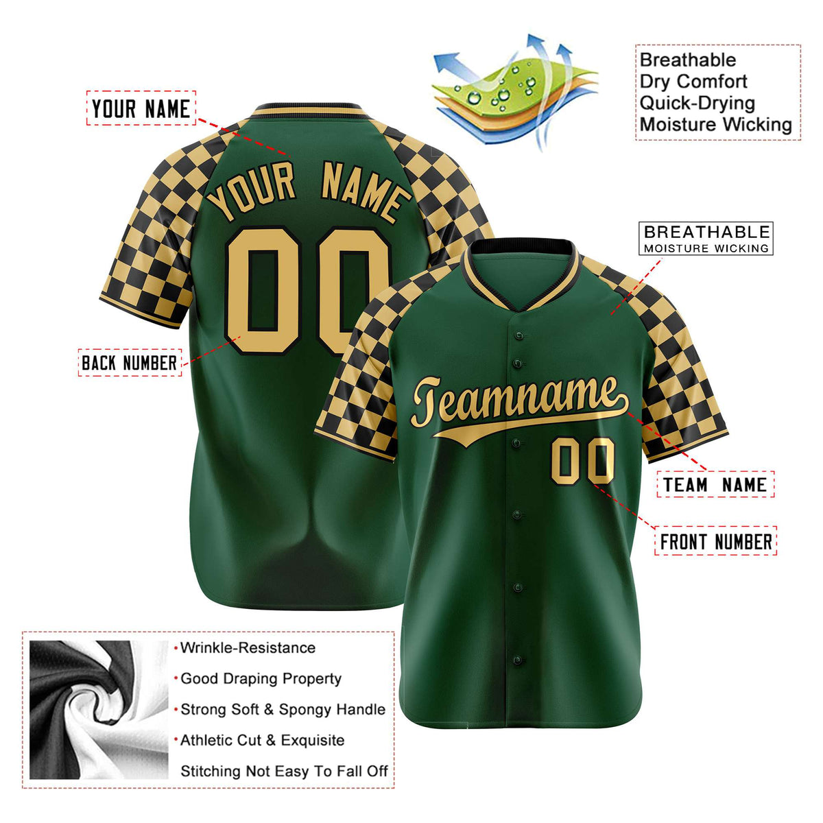 Custom Green Old Gold-Black Authentic Plaid Sleeve Baseball Jersey