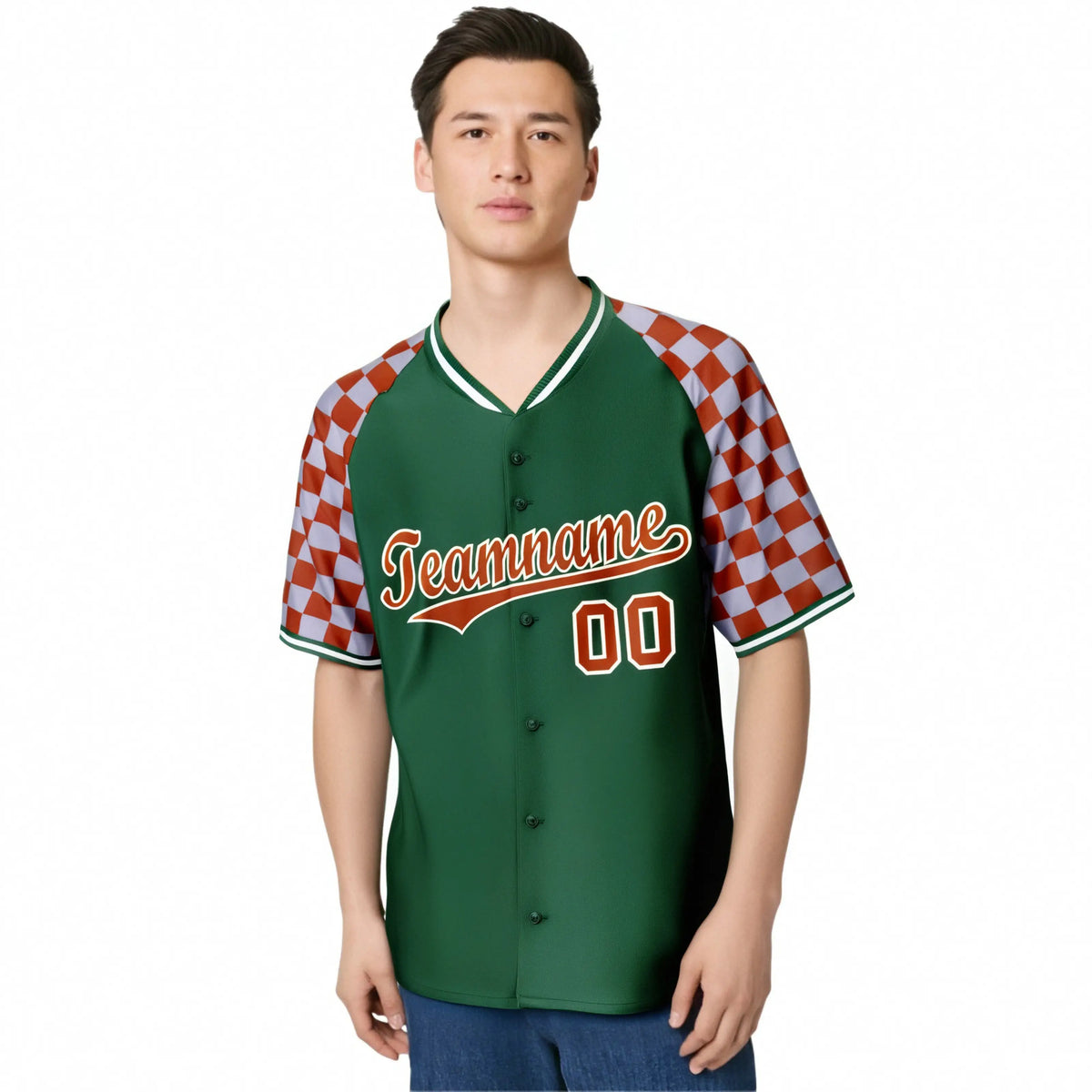 Custom Green Texas Orange-Gray Authentic Plaid Sleeve Baseball Jersey