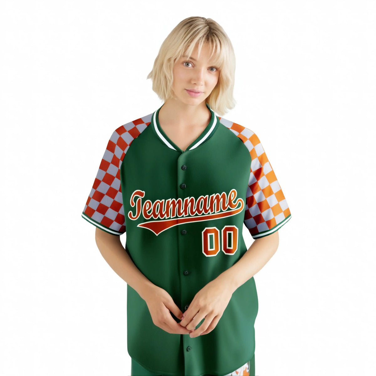 Custom Green Texas Orange-Gray Authentic Plaid Sleeve Baseball Jersey