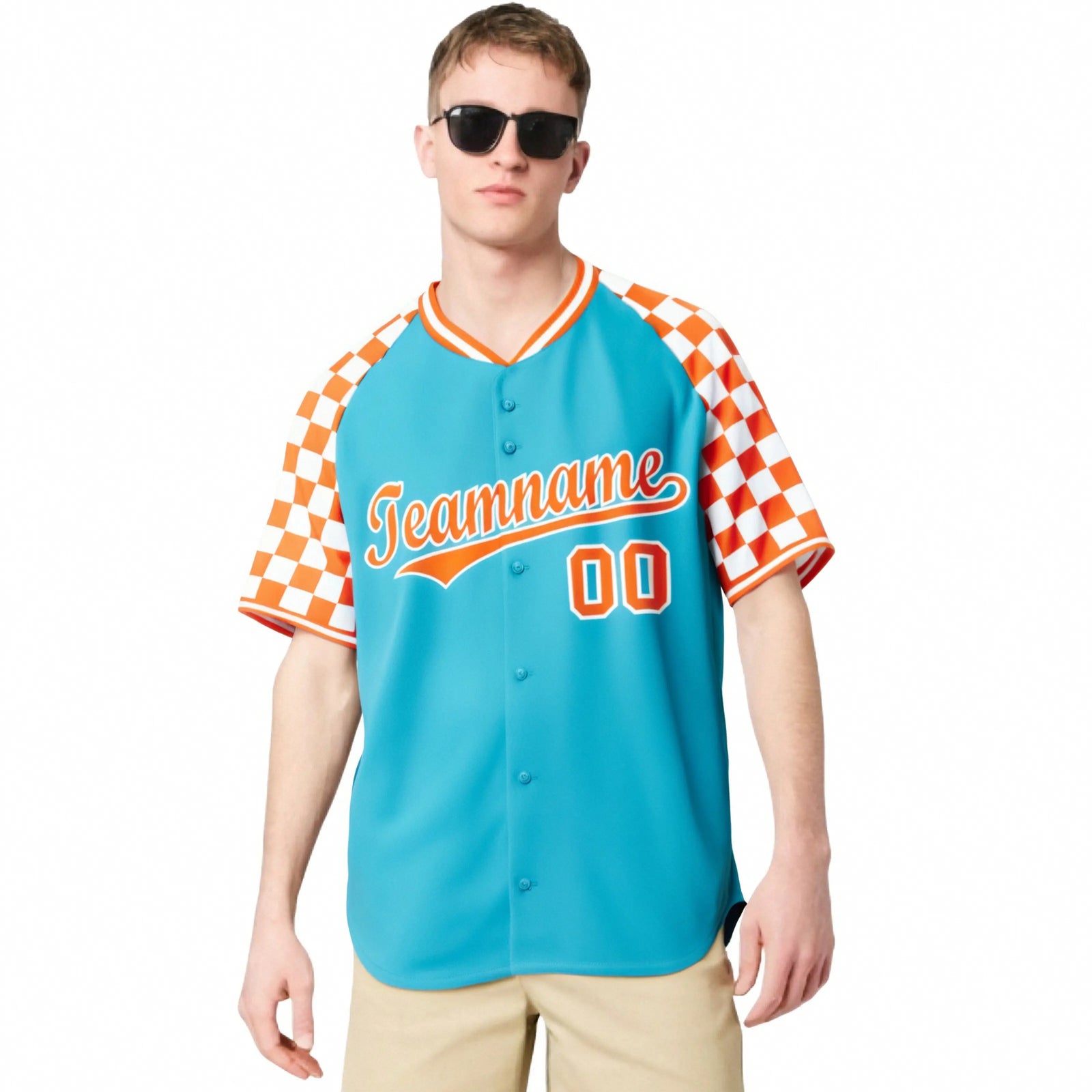 Custom Sky Blue Orange-White Authentic Plaid Sleeve Baseball Jersey