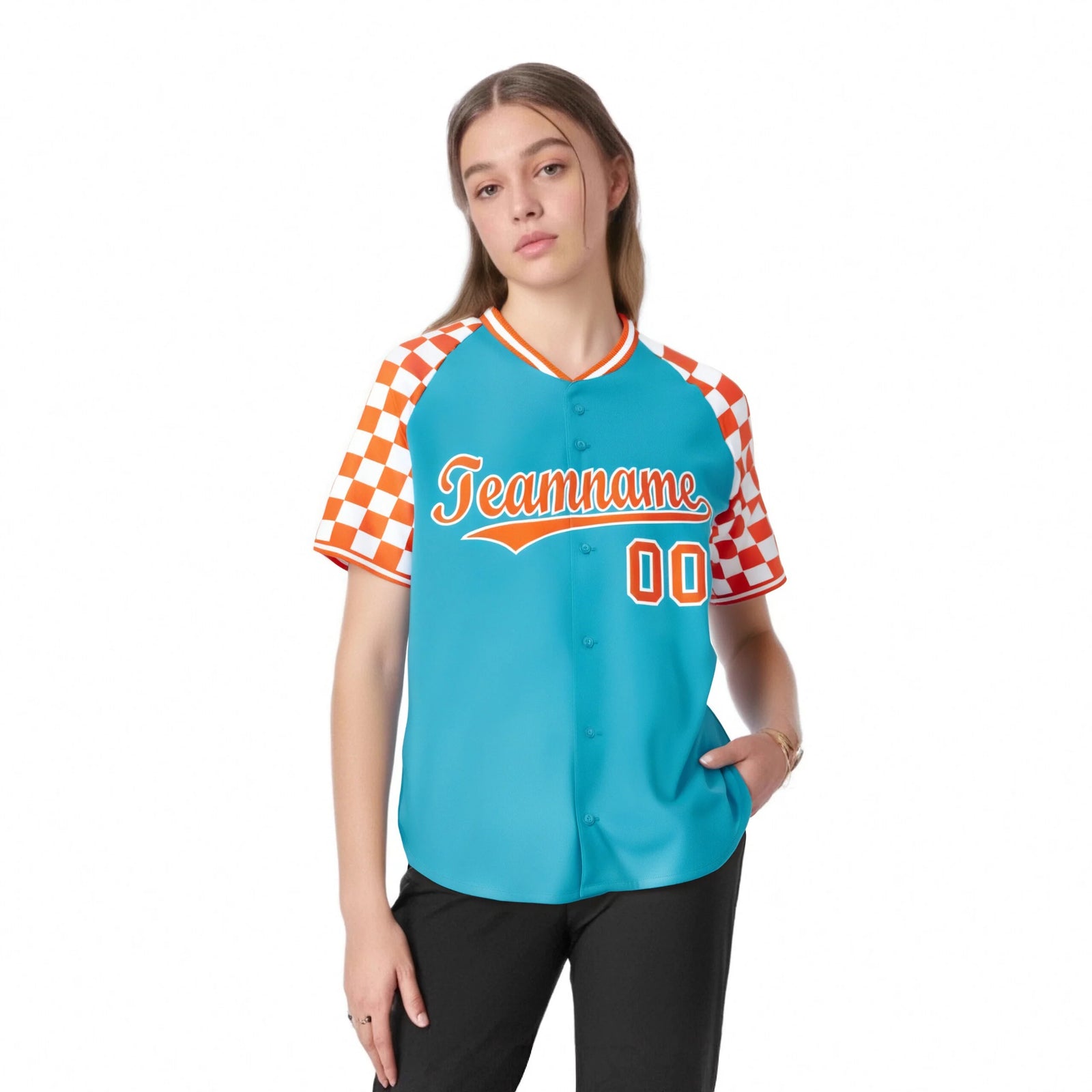 Custom Sky Blue Orange-White Authentic Plaid Sleeve Baseball Jersey