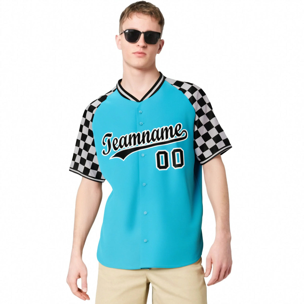 Custom Sky Blue Black-Gray Authentic Plaid Sleeve Baseball Jersey