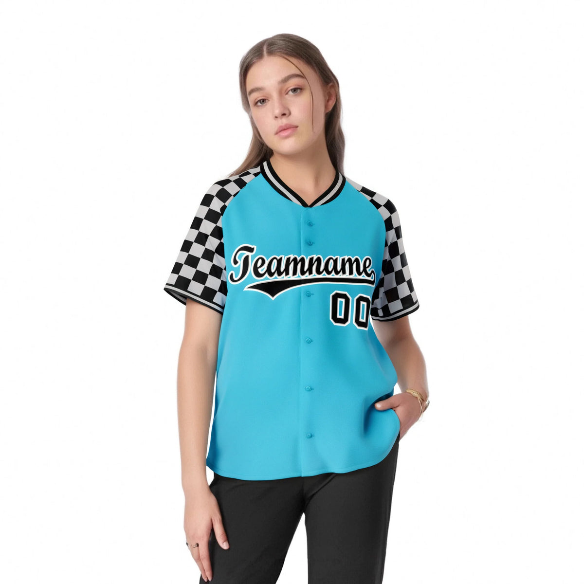Custom Sky Blue Black-Gray Authentic Plaid Sleeve Baseball Jersey