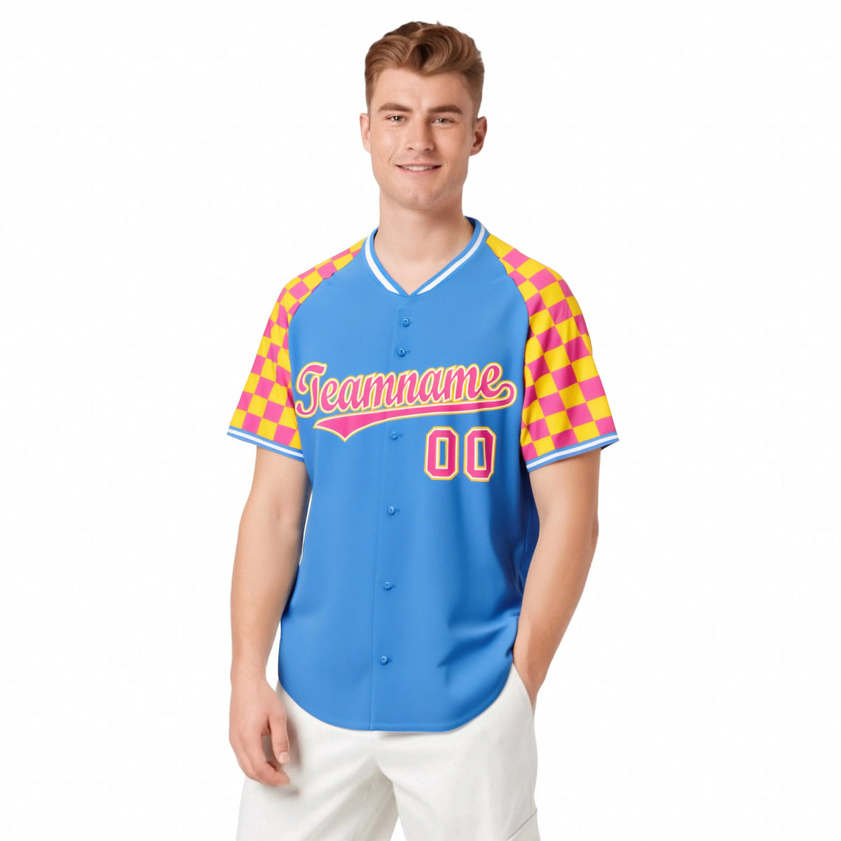 Custom Powder Blue Pink-Gold Authentic Plaid Sleeve Baseball Jersey