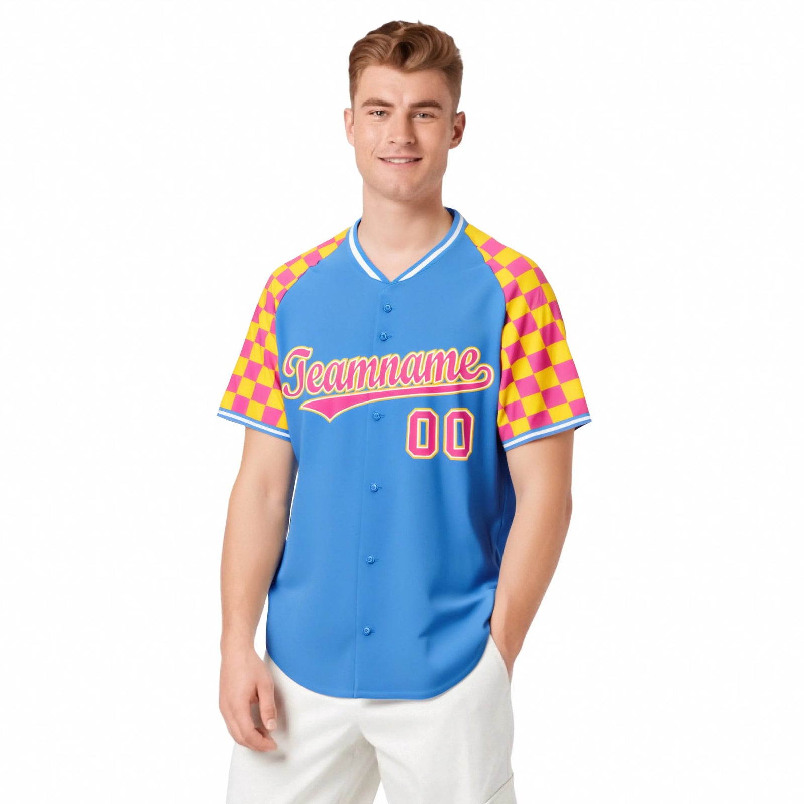 Custom Powder Blue Pink-Gold Authentic Plaid Sleeve Baseball Jersey