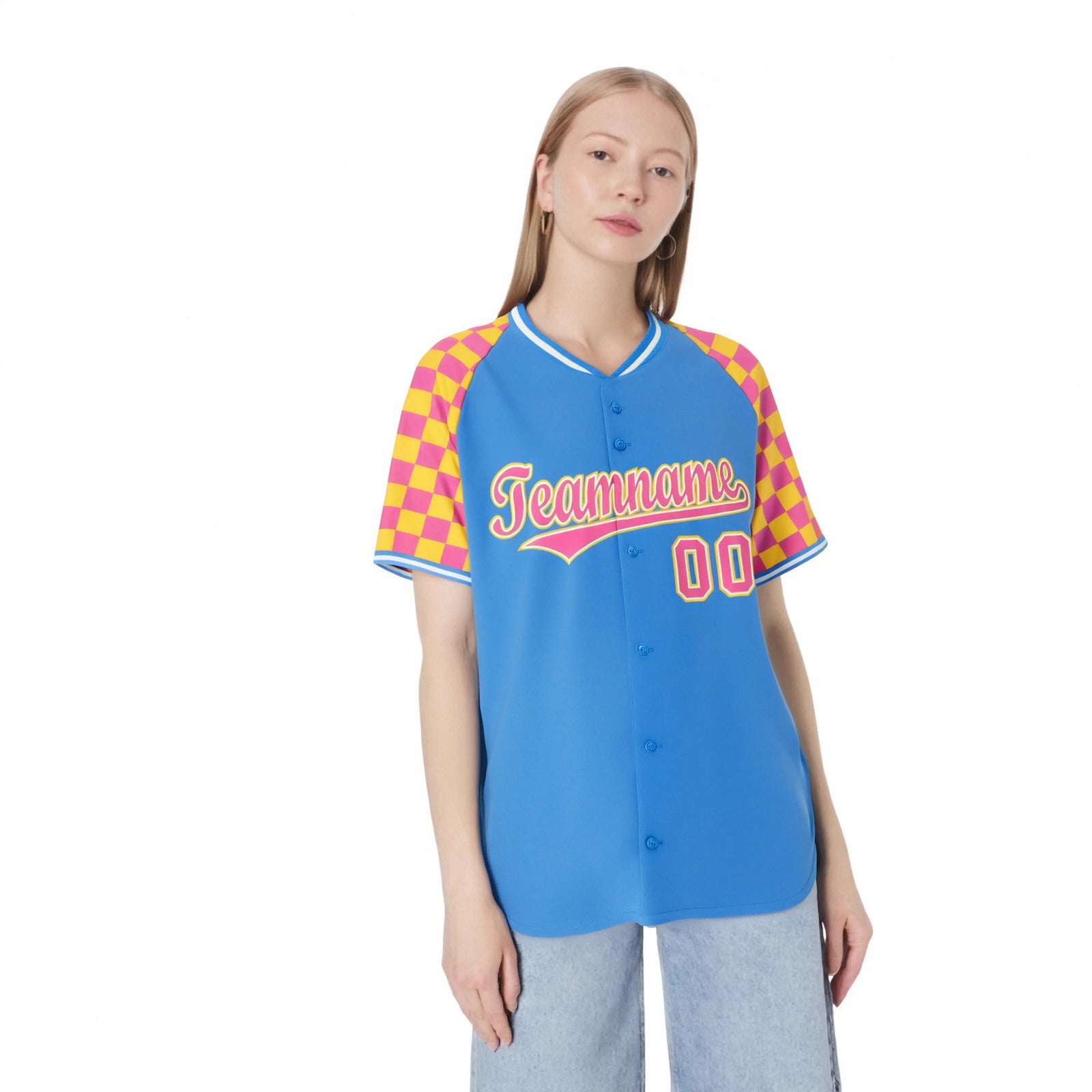 Custom Powder Blue Pink-Gold Authentic Plaid Sleeve Baseball Jersey