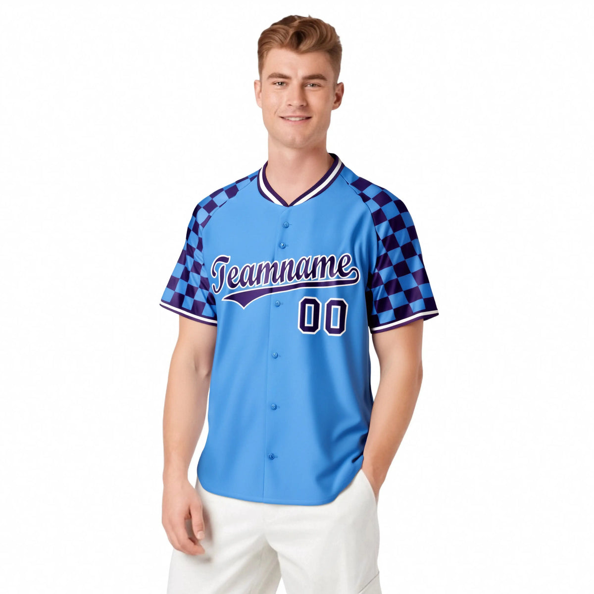 Custom Powder Blue Purple-White Authentic Plaid Sleeve Baseball Jersey