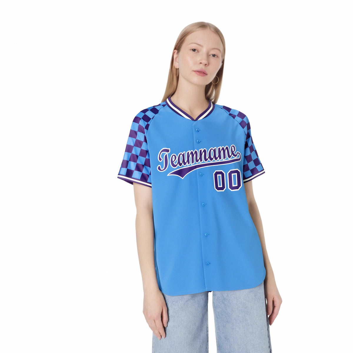 Custom Powder Blue Purple-White Authentic Plaid Sleeve Baseball Jersey