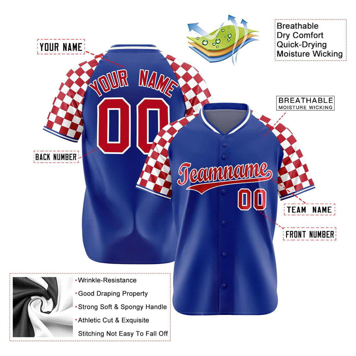 Custom Royal Blue Red-White Authentic Plaid Sleeve Baseball Jersey