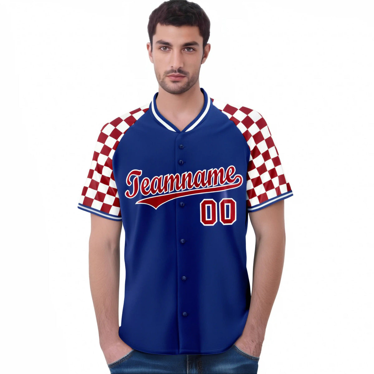 Custom Royal Blue Red-White Authentic Plaid Sleeve Baseball Jersey