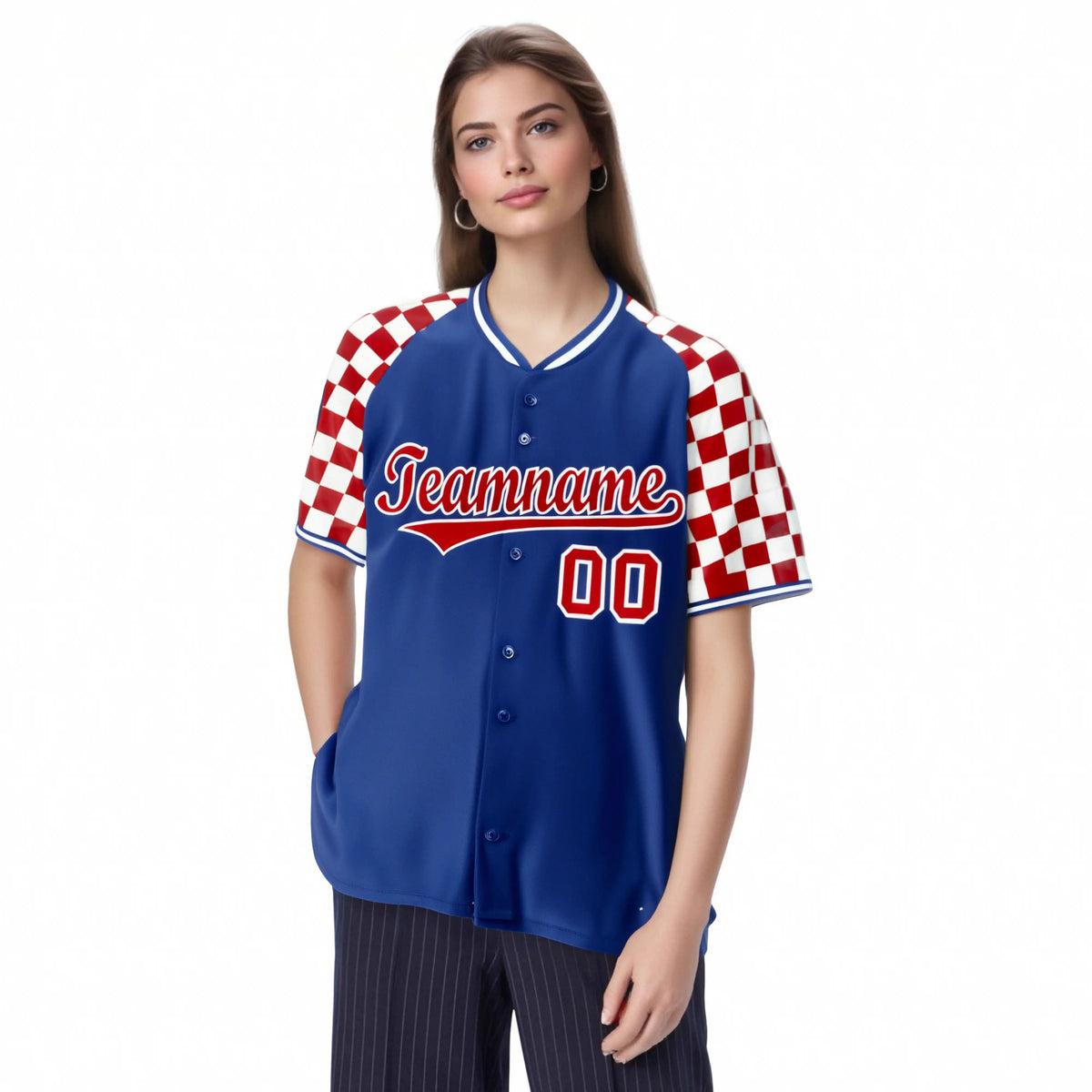 Custom Royal Blue Red-White Authentic Plaid Sleeve Baseball Jersey