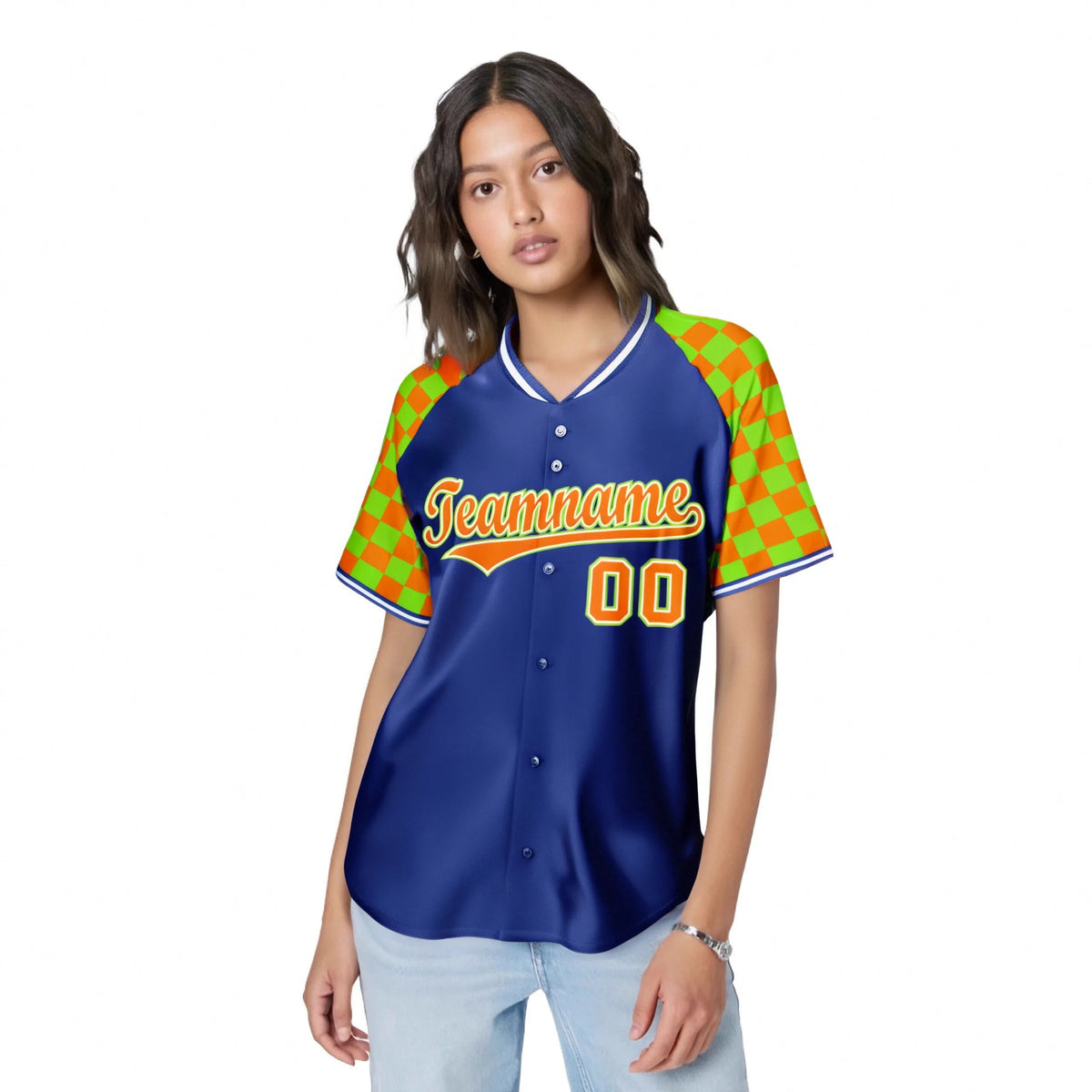 Custom Royal Blue Orange-Neon Green Authentic Plaid Sleeve Baseball Jersey