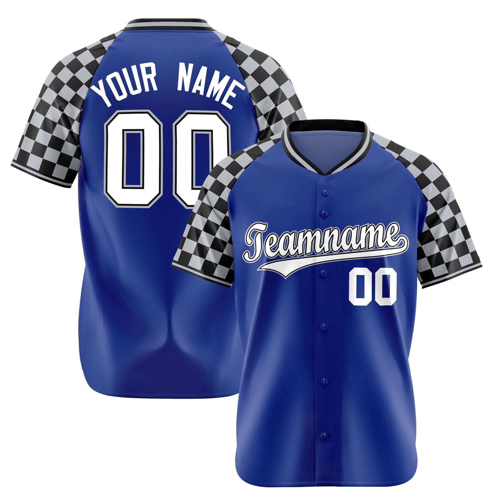 Custom Royal Blue Black-Gray Authentic Plaid Sleeve Baseball Jersey