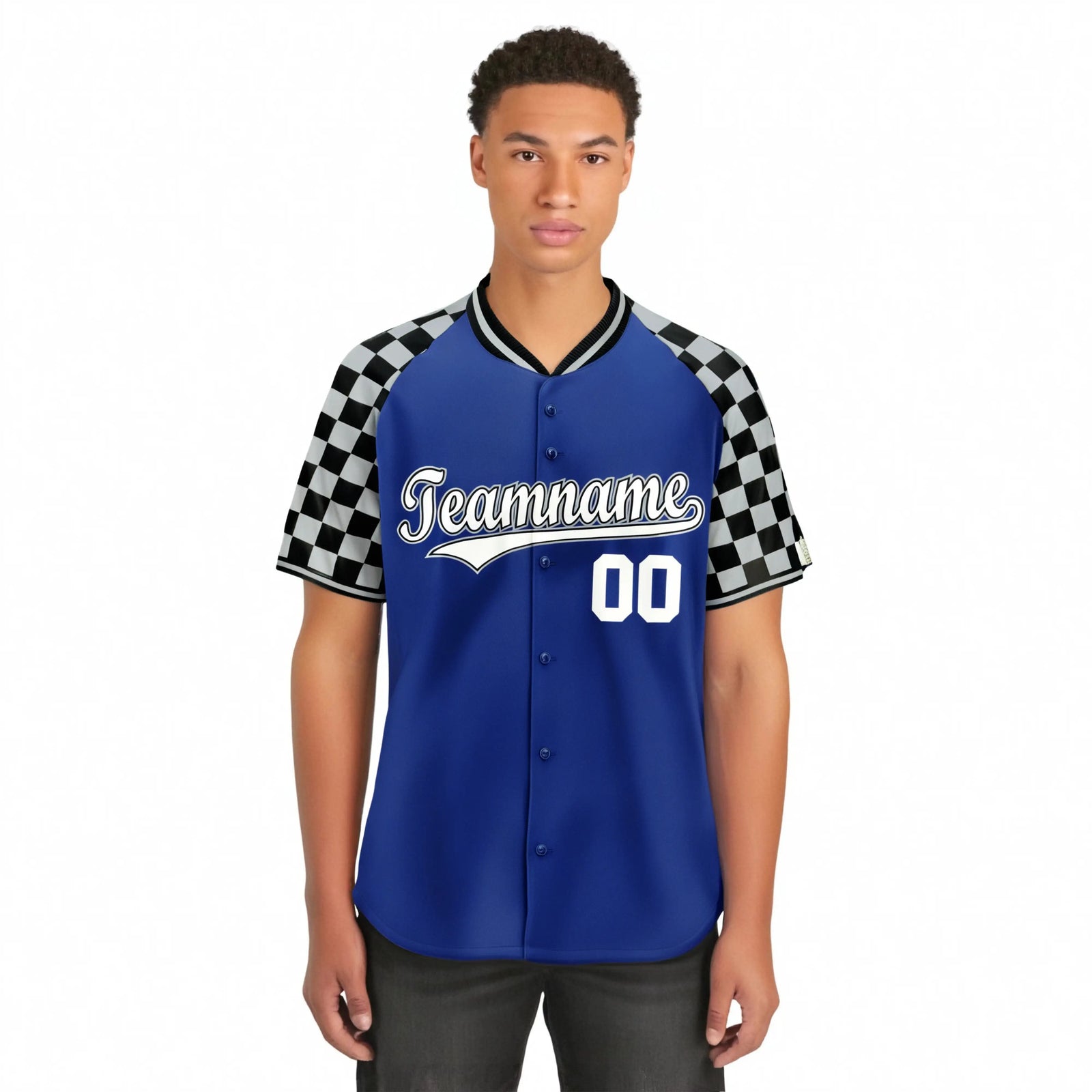 Custom Royal Blue Black-Gray Authentic Plaid Sleeve Baseball Jersey