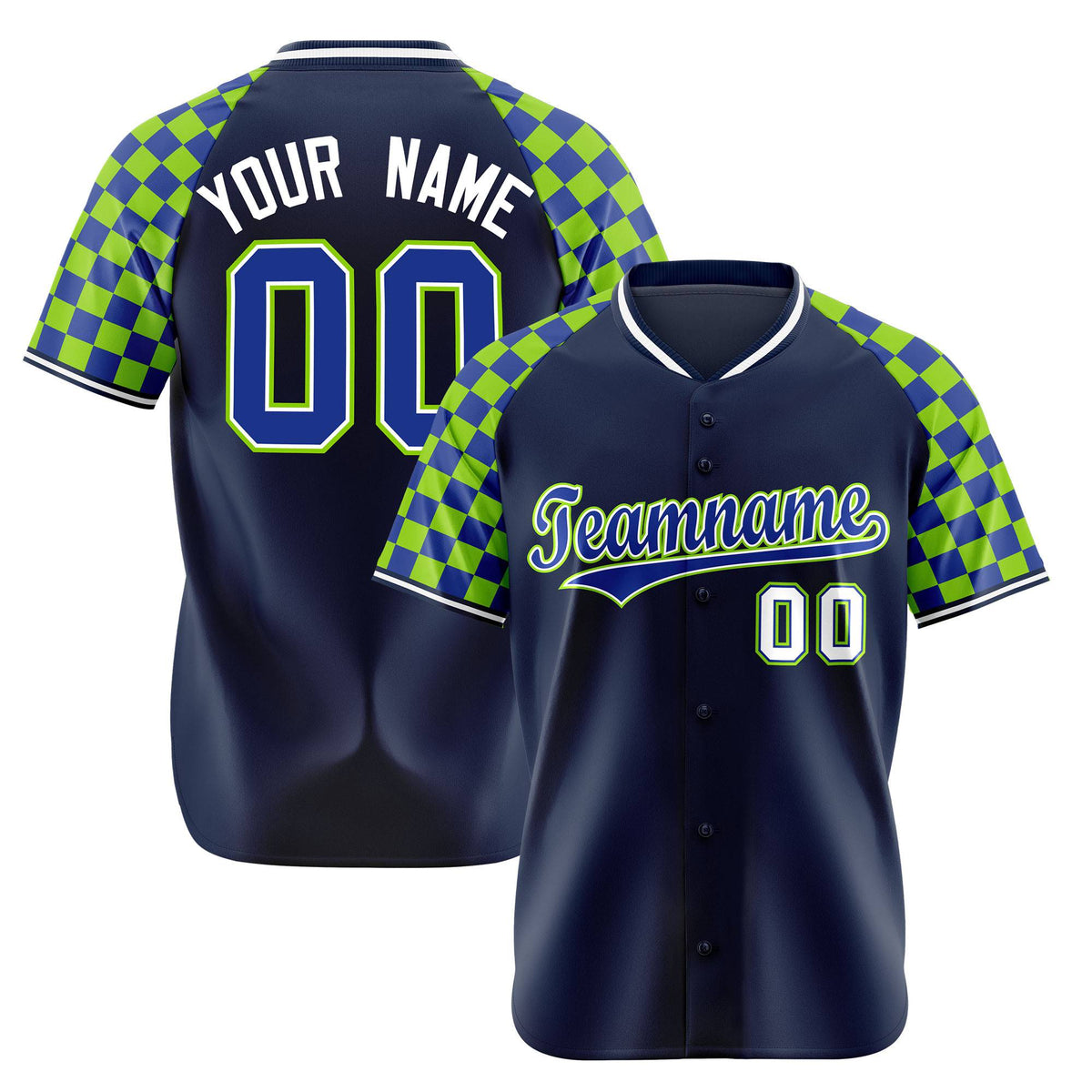 Custom Navy Neon Green-Royal Blue Authentic Plaid Sleeve Baseball Jersey