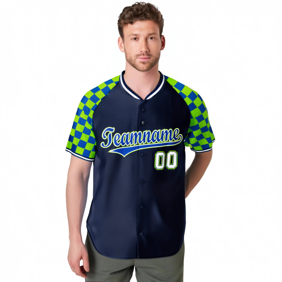 Custom Navy Neon Green-Royal Blue Authentic Plaid Sleeve Baseball Jersey