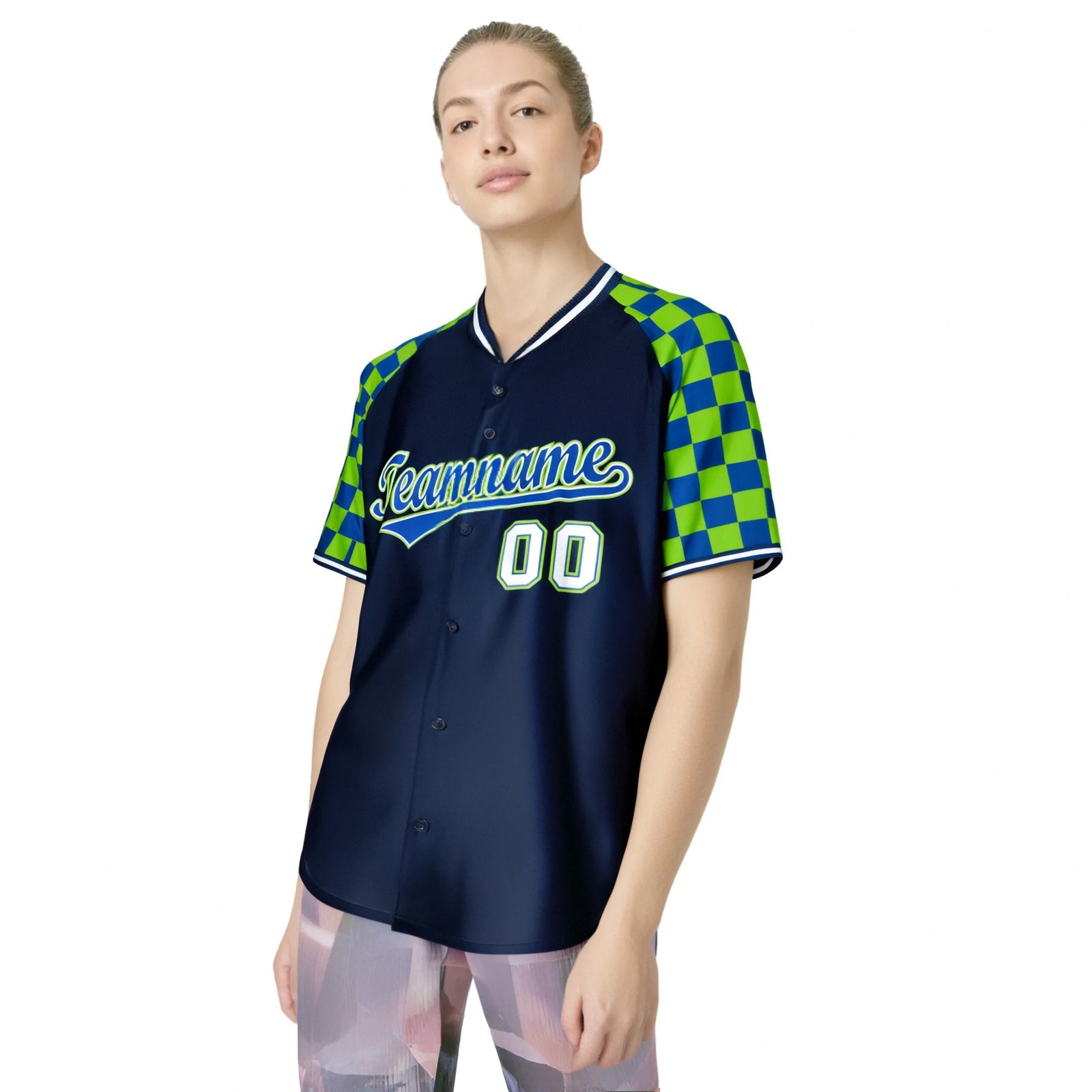 Custom Navy Neon Green-Royal Blue Authentic Plaid Sleeve Baseball Jersey