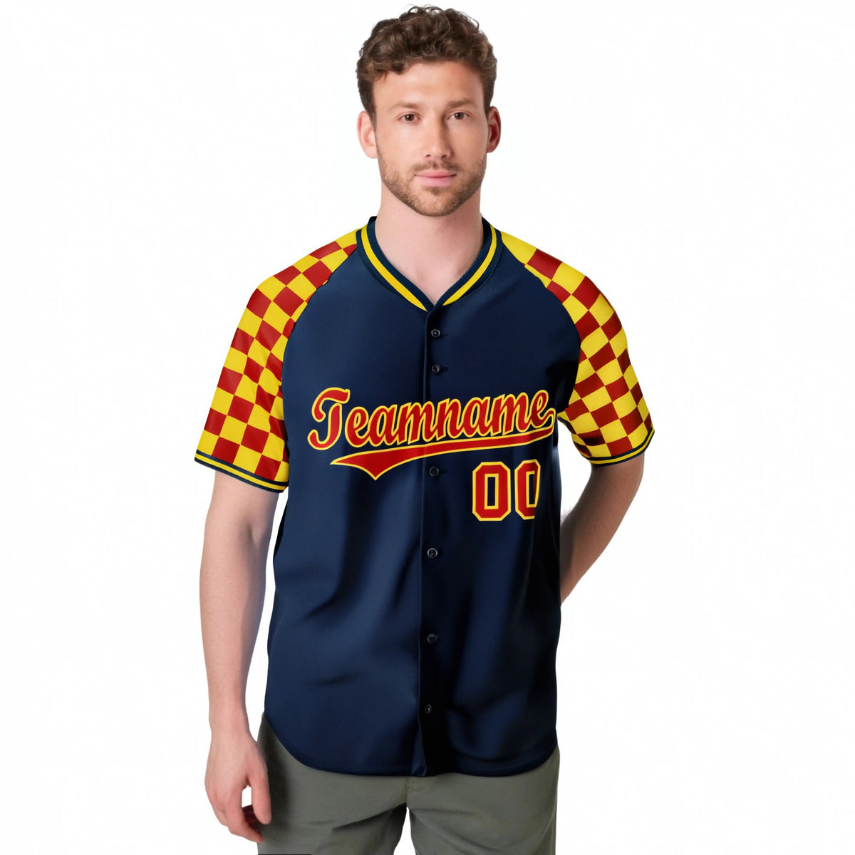 Custom Navy Red-Gold Authentic Plaid Sleeve Baseball Jersey