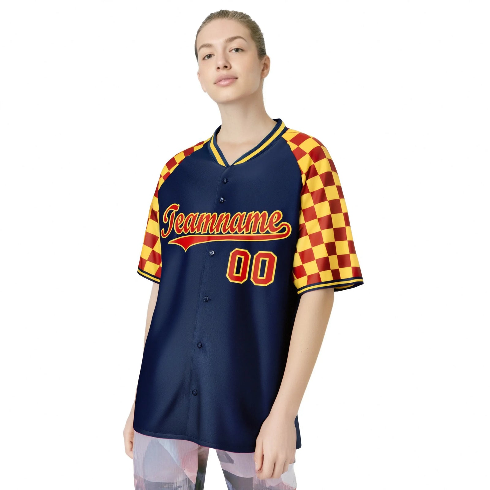 Custom Navy Red-Gold Authentic Plaid Sleeve Baseball Jersey