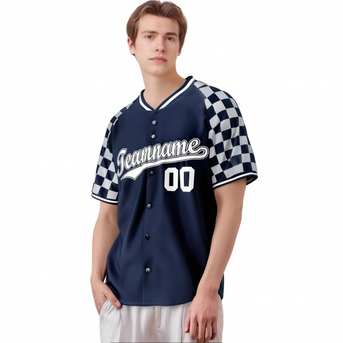 Custom Navy White-Gray Authentic Plaid Sleeve Baseball Jersey